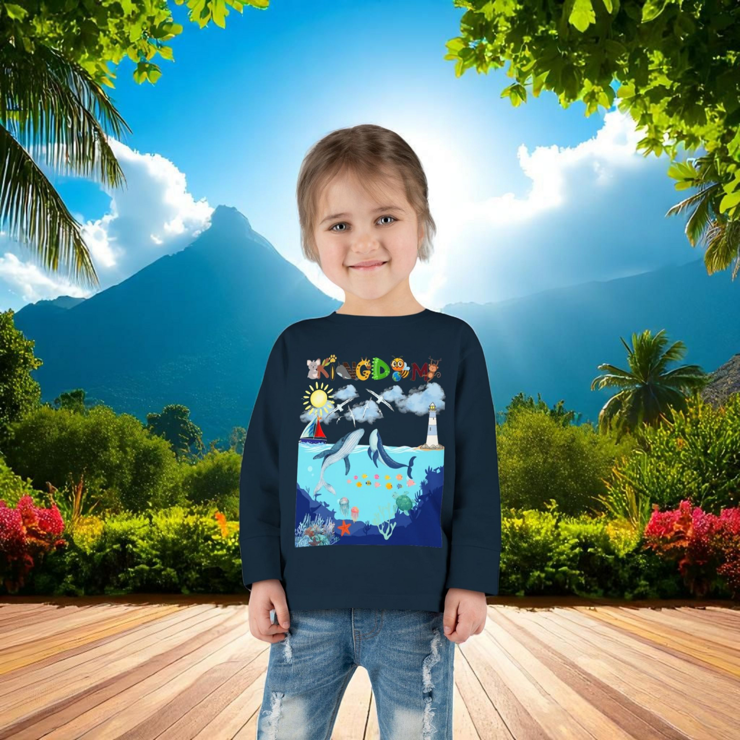 Whale Cartoon Graphic Toddler Tee, Kids Long Sleeve Shirt, Ocean Animal Children's Clothing