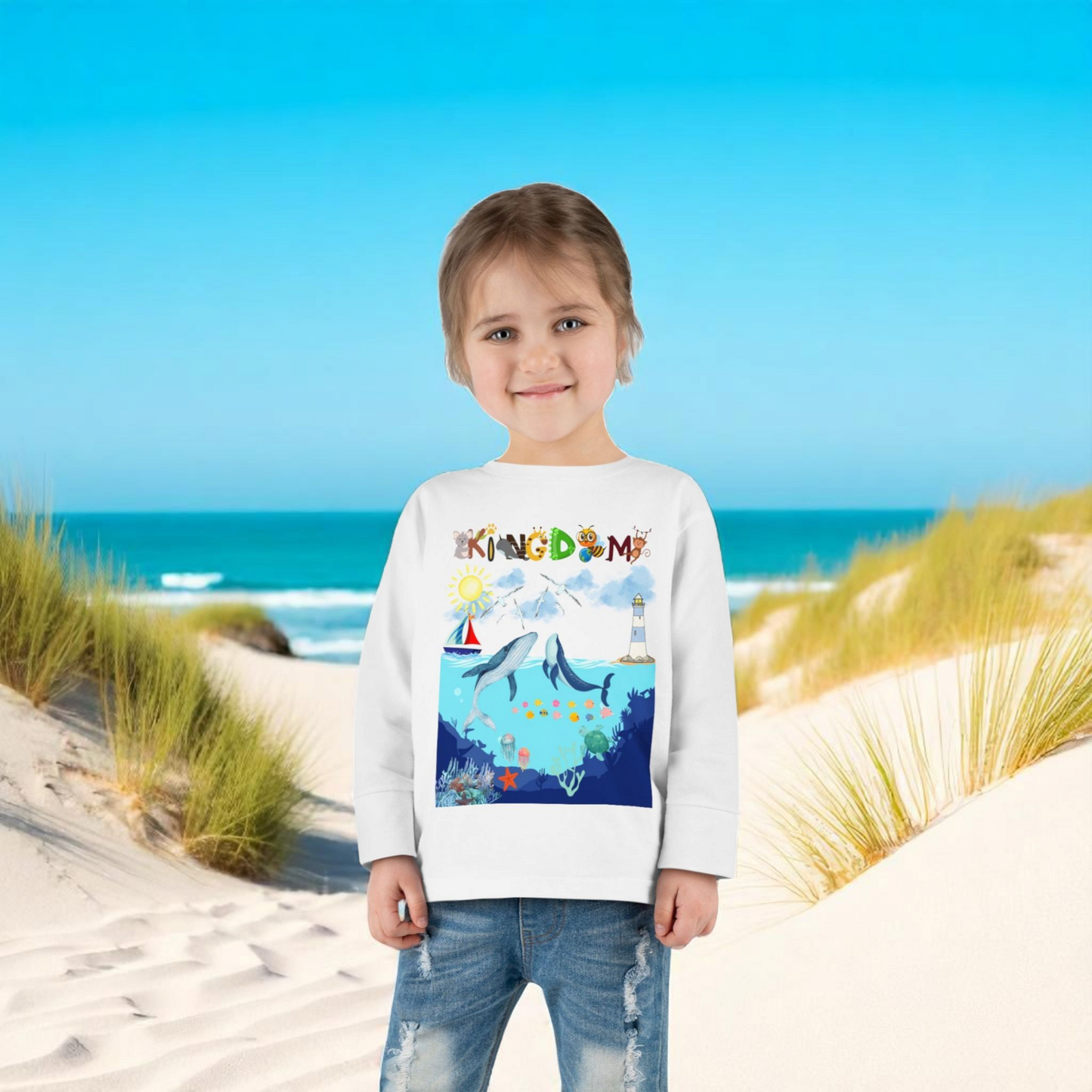 Whale Cartoon Graphic Toddler Tee, Kids Long Sleeve Shirt, Ocean Animal Children's Clothing