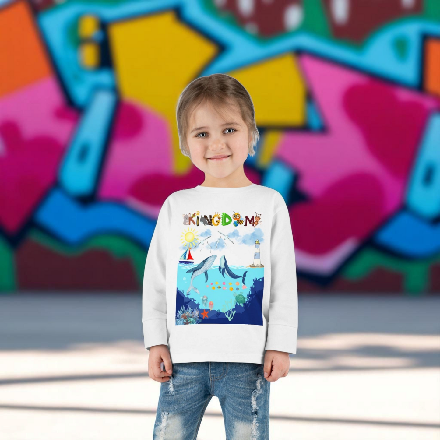 Whale Cartoon Graphic Toddler Tee, Kids Long Sleeve Shirt, Ocean Animal Children's Clothing