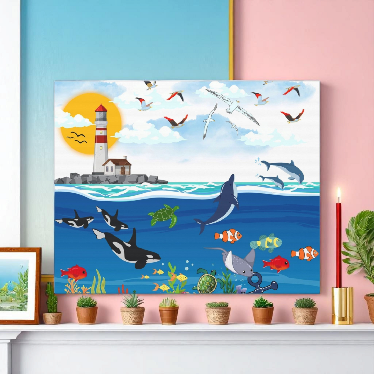 Ocean Symphony Canvas Gallery Wraps, Aquatic Wall Art, Orca Dolphin Decor