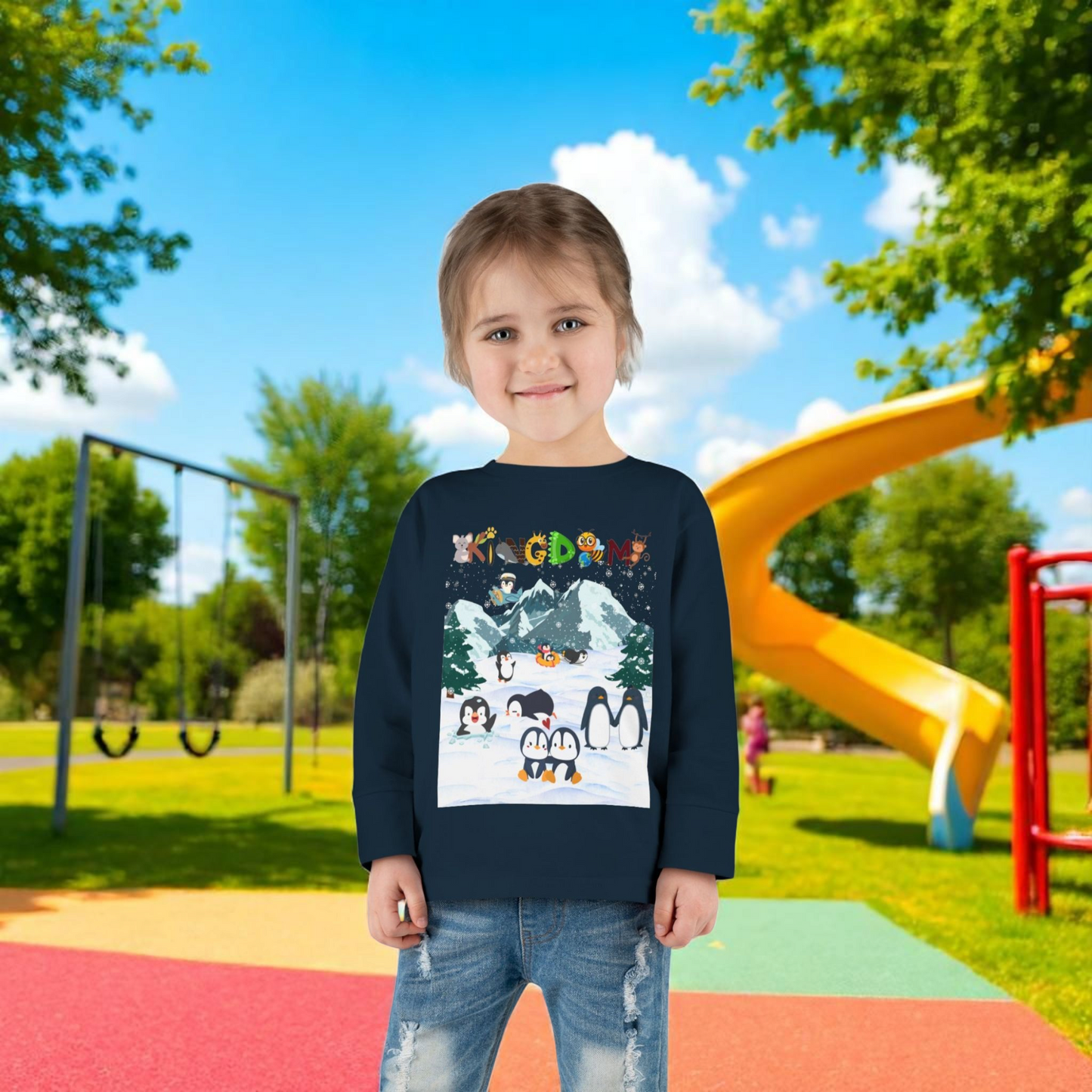 Graphic Penguin Toddler Long Sleeve Tee - Cute Animal Print Shirt for Kids, Winter Theme