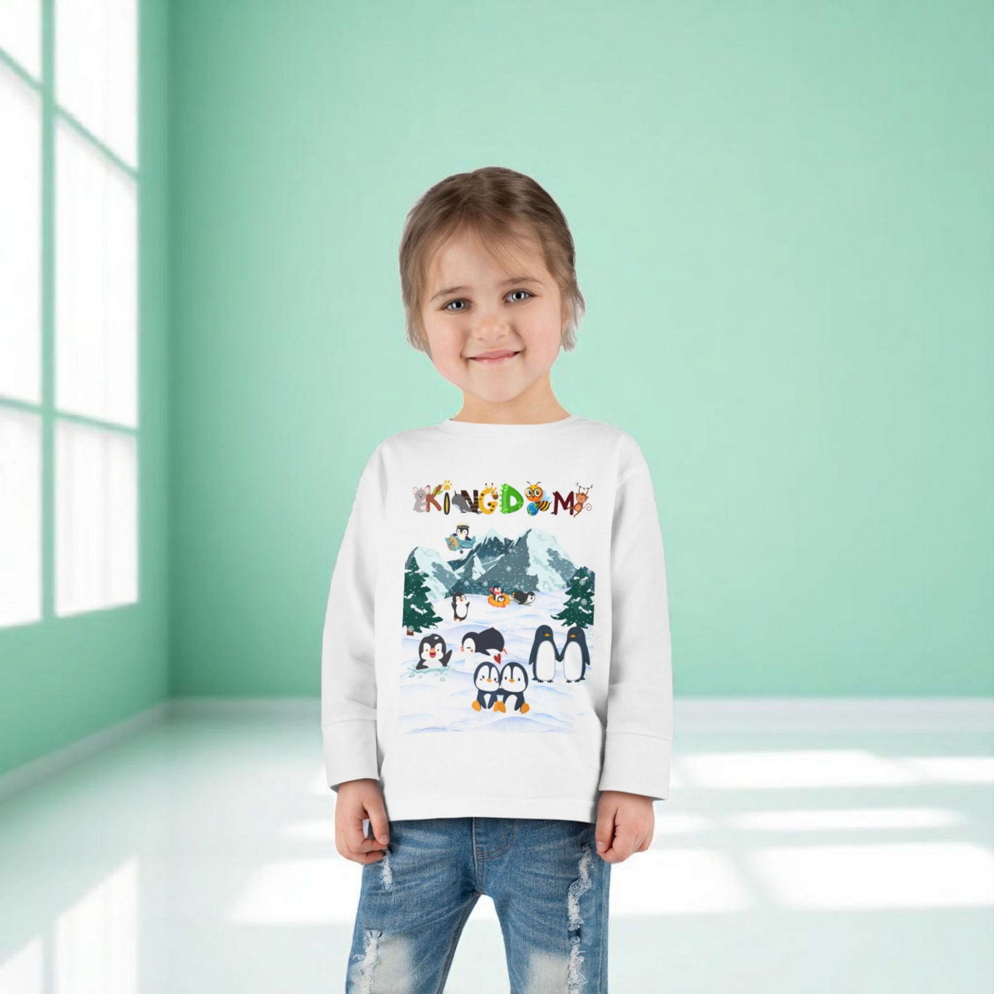 Graphic Penguin Toddler Long Sleeve Tee - Cute Animal Print Shirt for Kids, Winter Theme