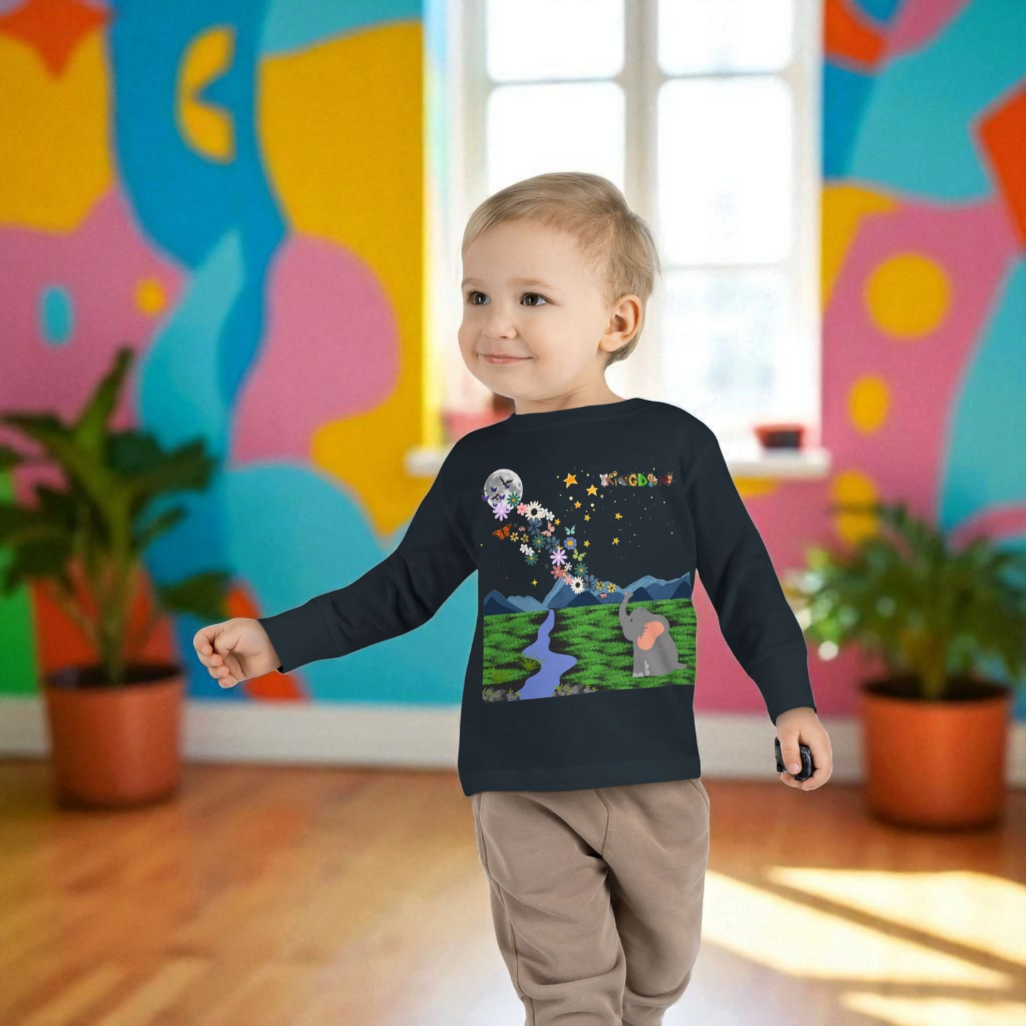Elephant and Floral Toddler Long Sleeve Tee, Cute Animal Kids Shirt