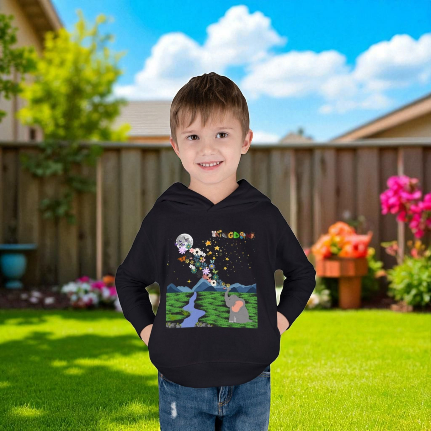 Elephant & Floral Night Sky Toddler Hoodie, Wildlife Theme Pullover Fleece