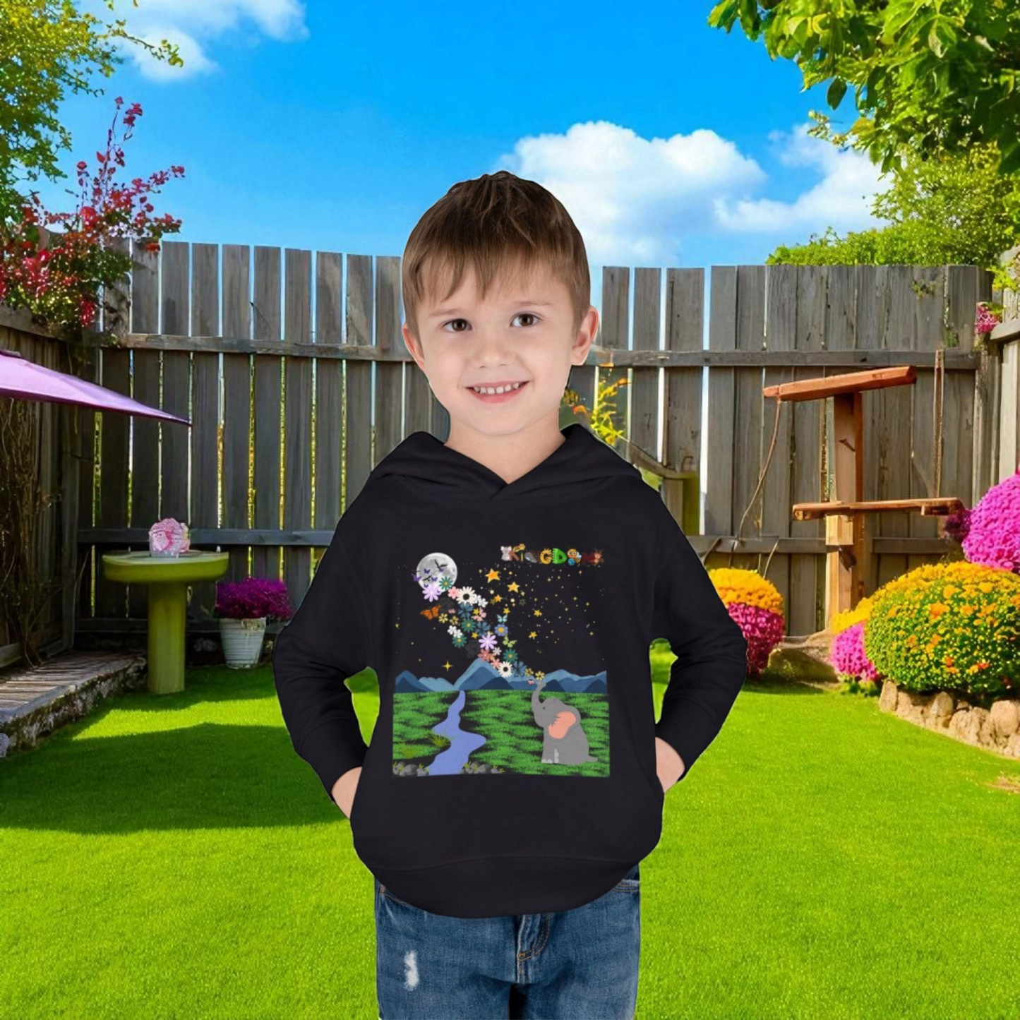 Elephant & Floral Night Sky Toddler Hoodie, Wildlife Theme Pullover Fleece