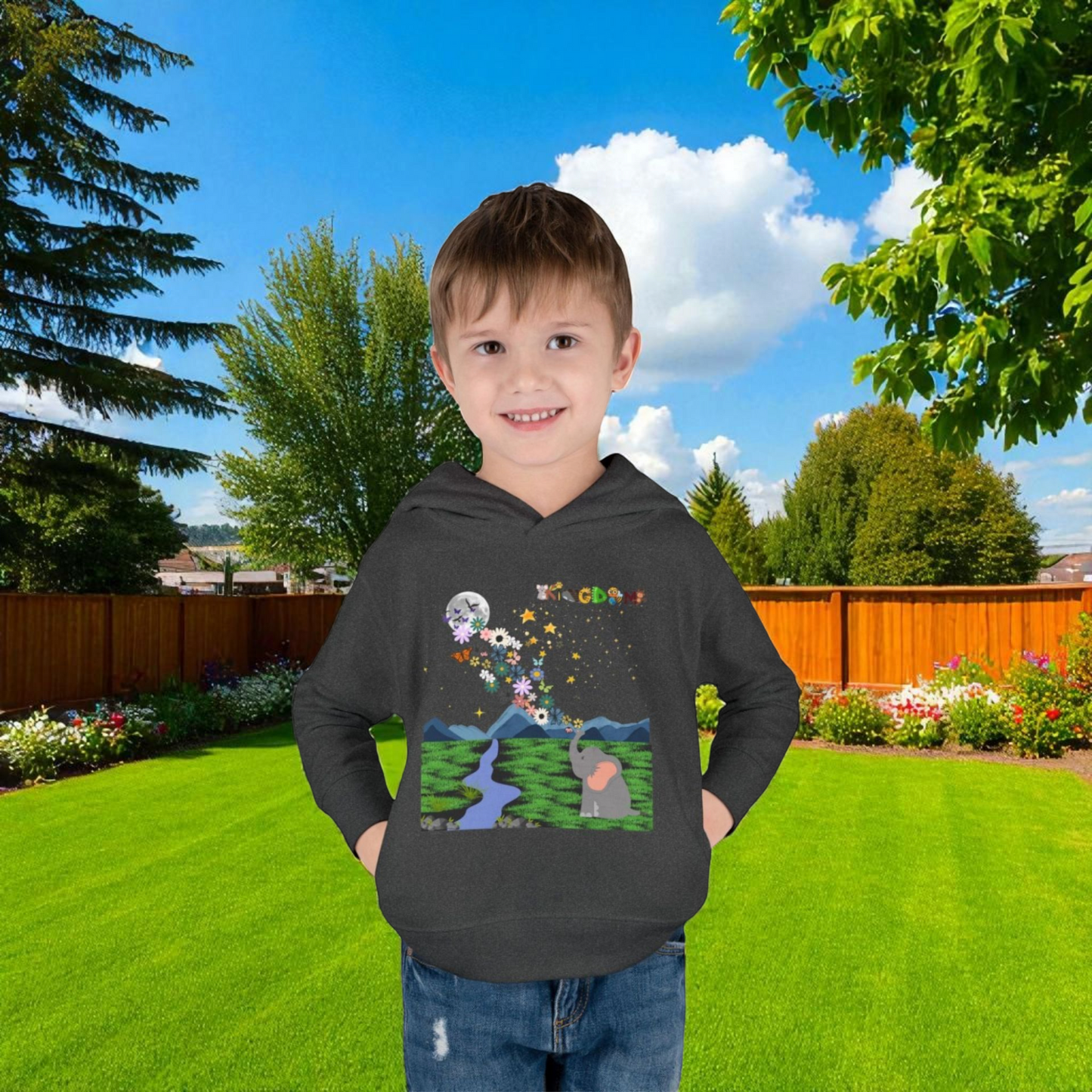 Elephant & Floral Night Sky Toddler Hoodie, Wildlife Theme Pullover Fleece