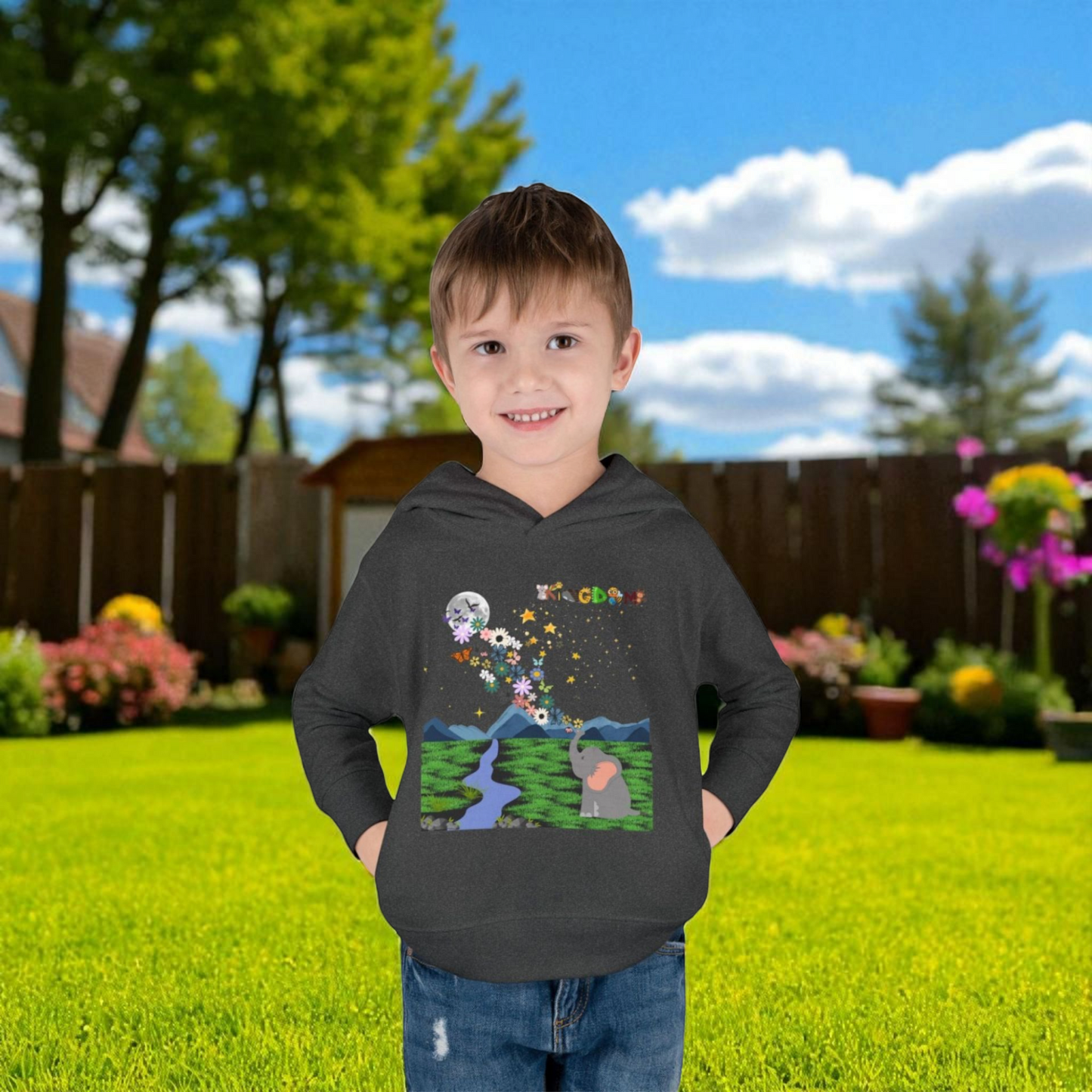 Elephant & Floral Night Sky Toddler Hoodie, Wildlife Theme Pullover Fleece