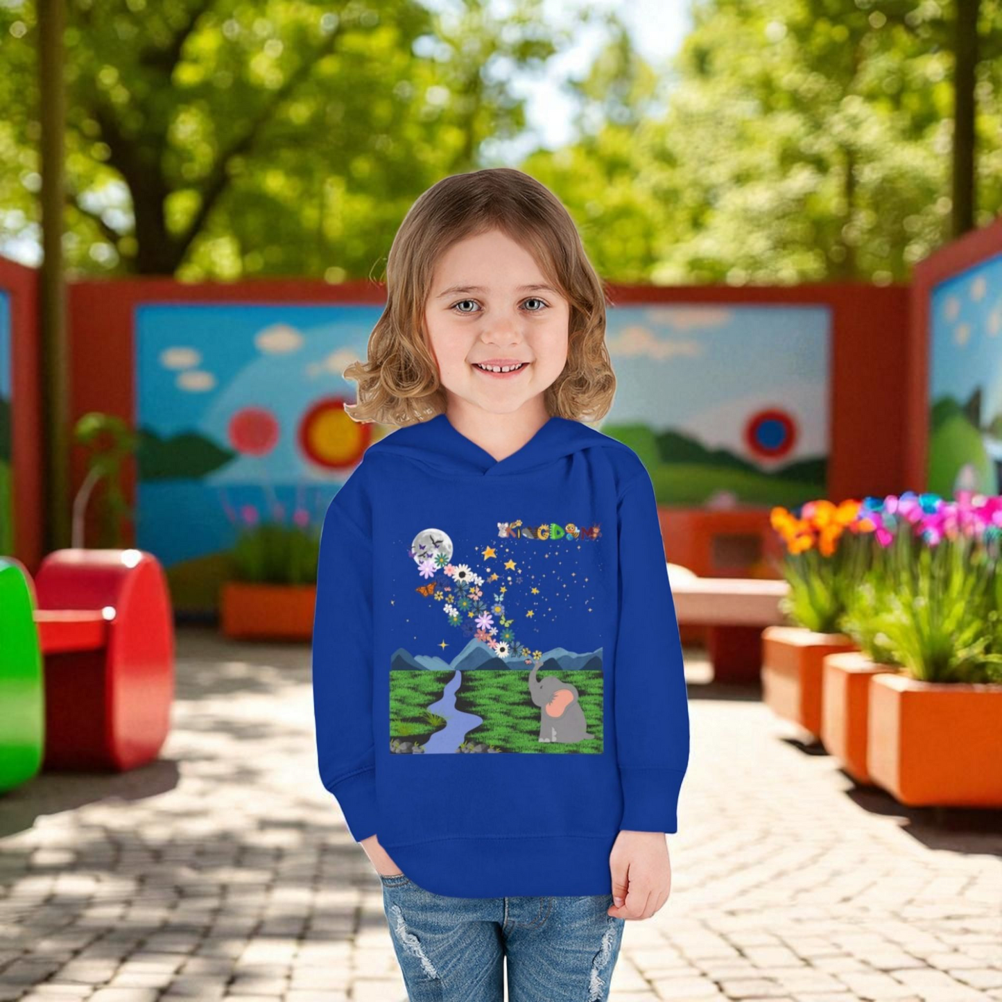 Elephant & Floral Night Sky Toddler Hoodie, Wildlife Theme Pullover Fleece