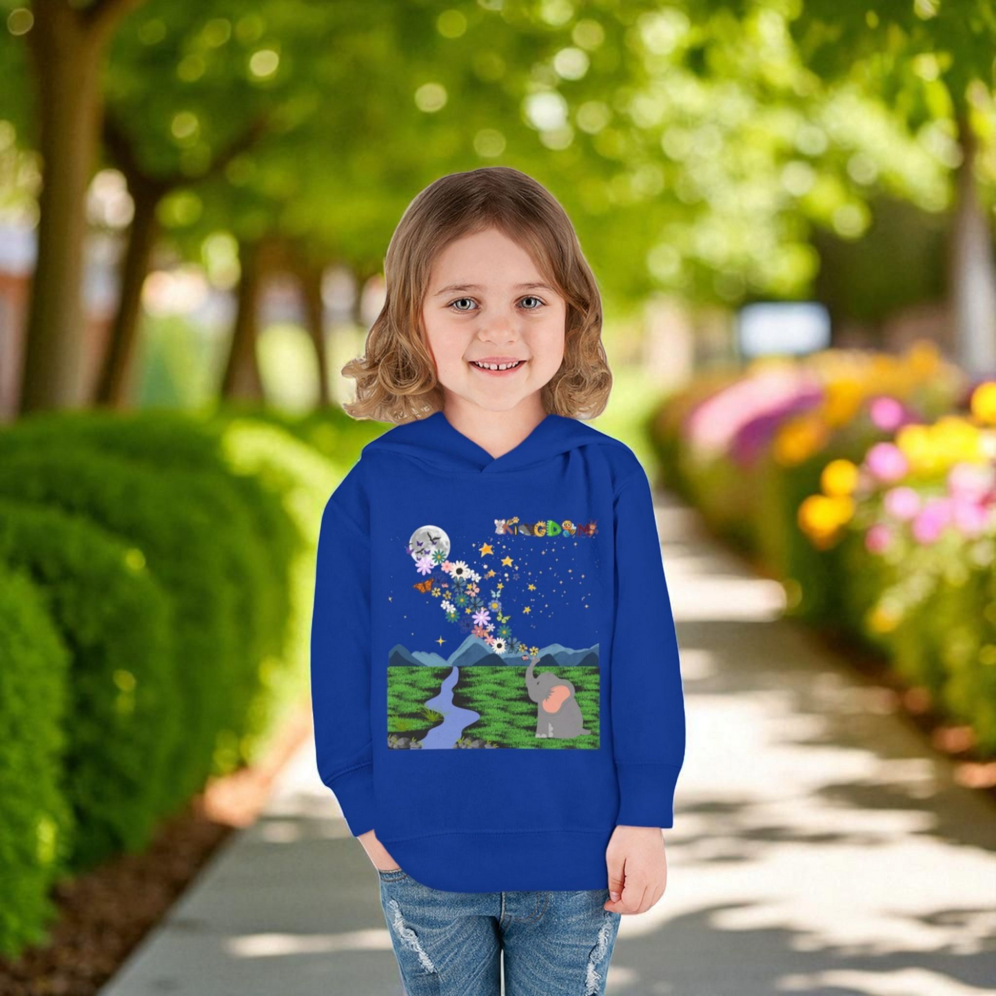 Elephant & Floral Night Sky Toddler Hoodie, Wildlife Theme Pullover Fleece