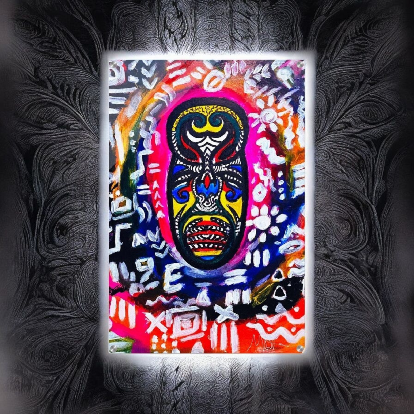 Vibrant Tribal Mask Painting, Acrylic Print - Authentic Handcrafted Decor