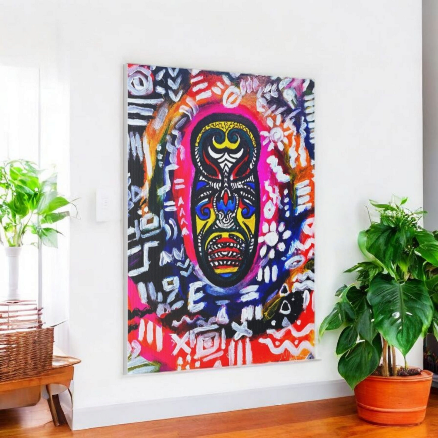 Artisan Tribal Mask Painting on Matte Stretched Canvas, Eco-Friendly Wall Art for Home Decor