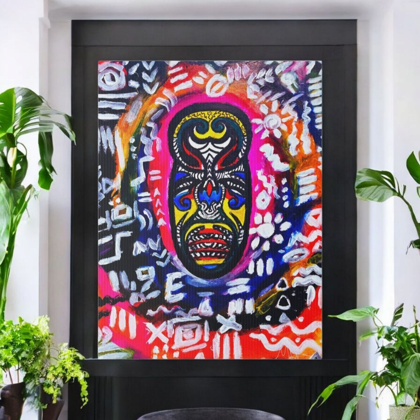 Artisan Tribal Mask Painting on Matte Stretched Canvas, Eco-Friendly Wall Art for Home Decor