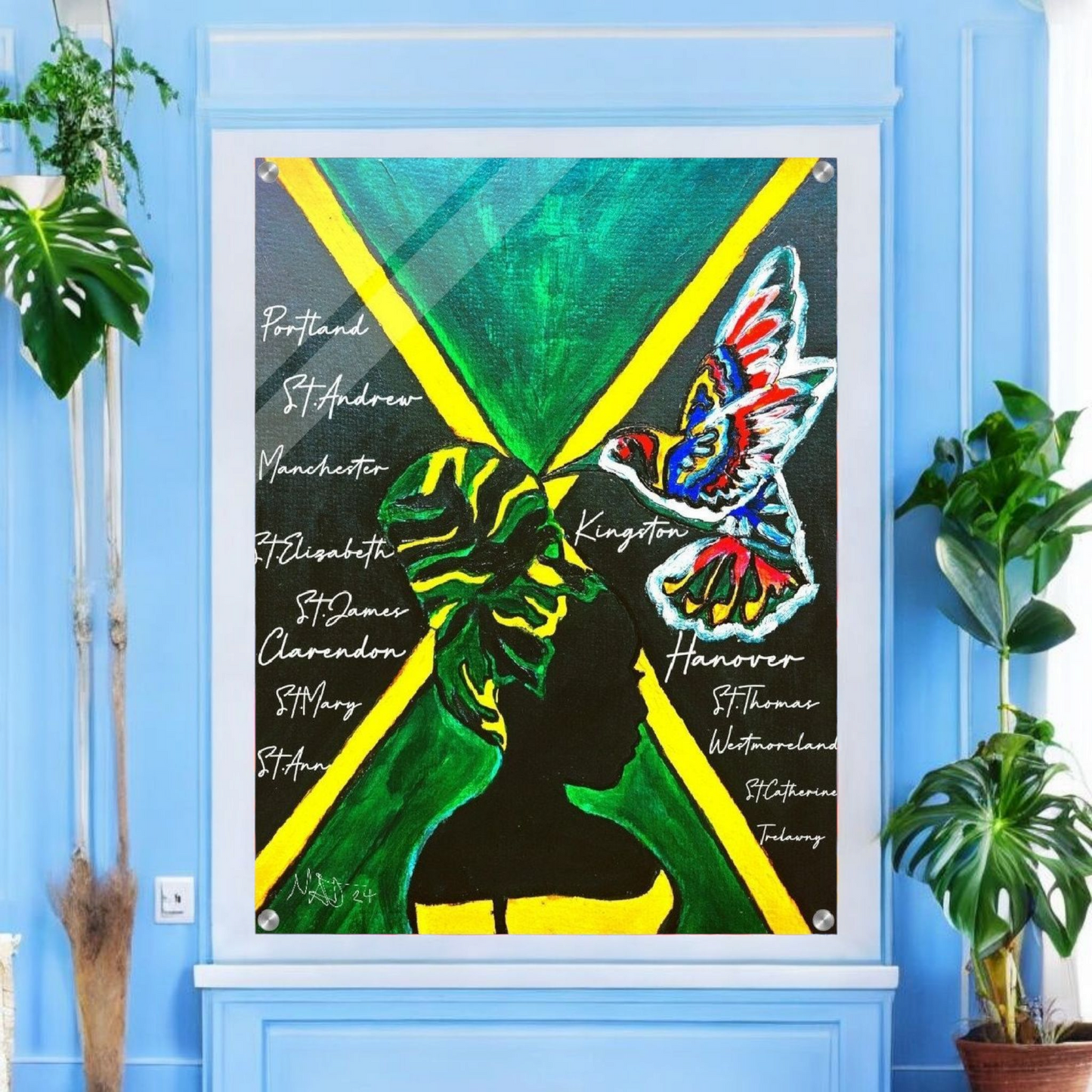 Hand Drawn Wall Art with Jamaican Woman, Original Acrylic Painting for Bohemian