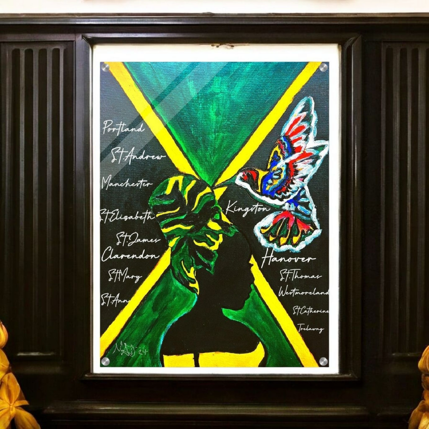 Hand Drawn Wall Art with Jamaican Woman, Original Acrylic Painting for Bohemian