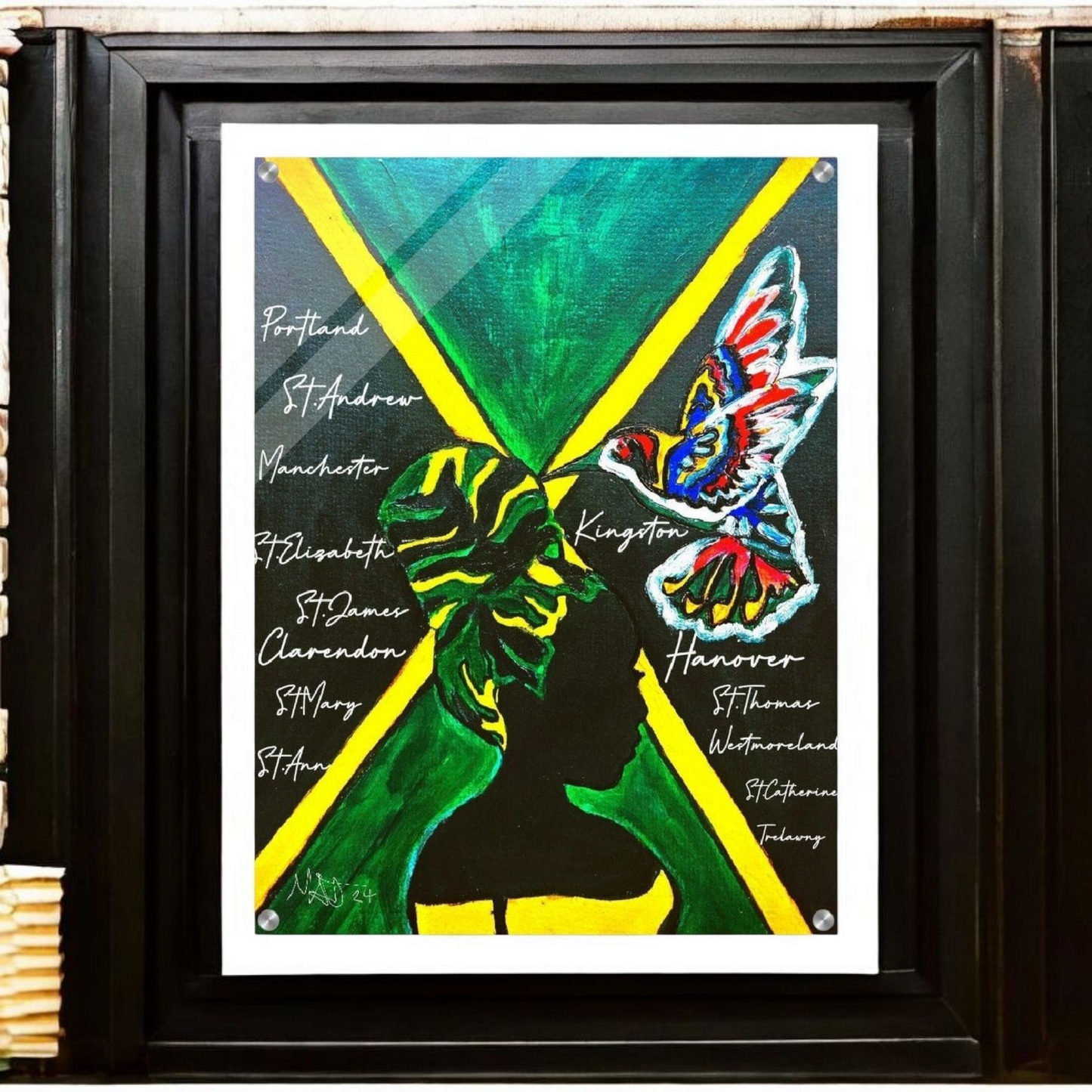 Hand Drawn Wall Art with Jamaican Woman, Original Acrylic Painting for Bohemian
