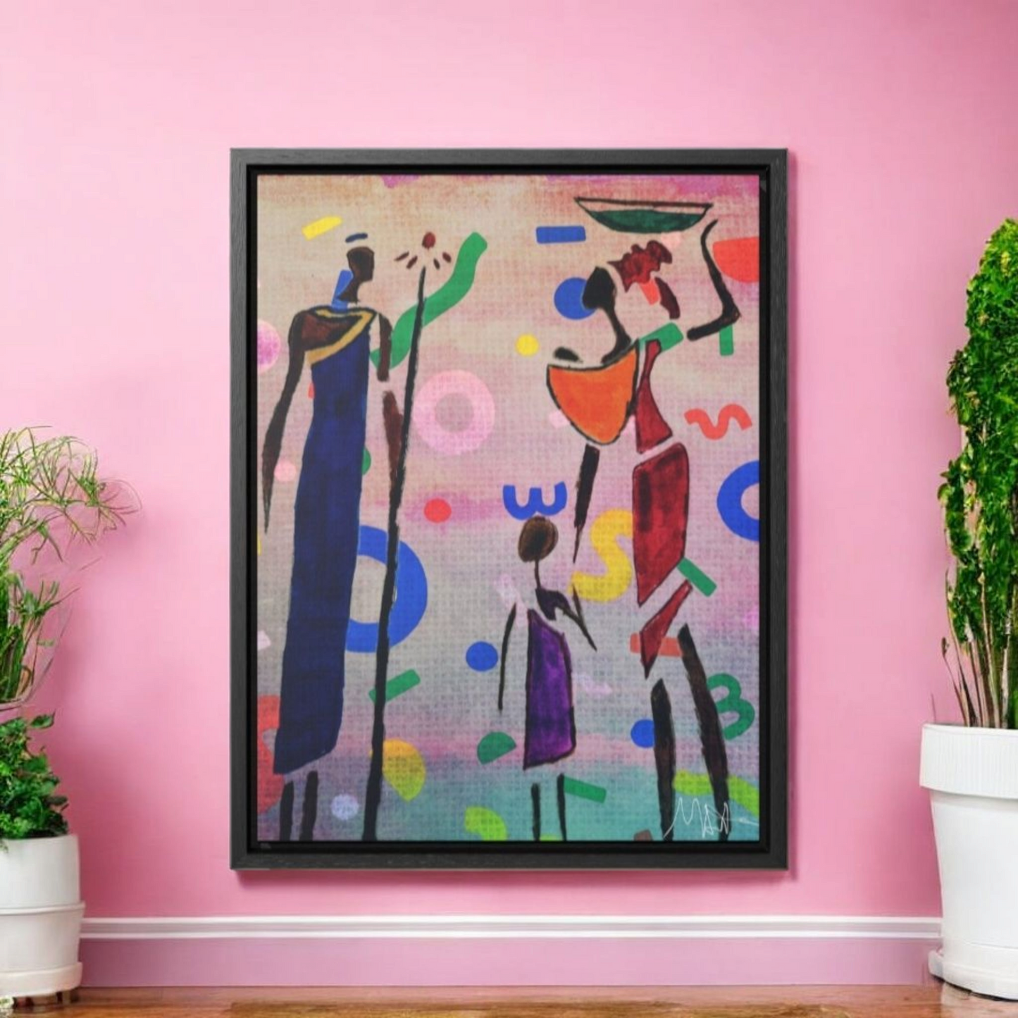 Tribal African Family Sketch - Handcrafted Wall Art, Authentic Home Decoration, Vertical Frame