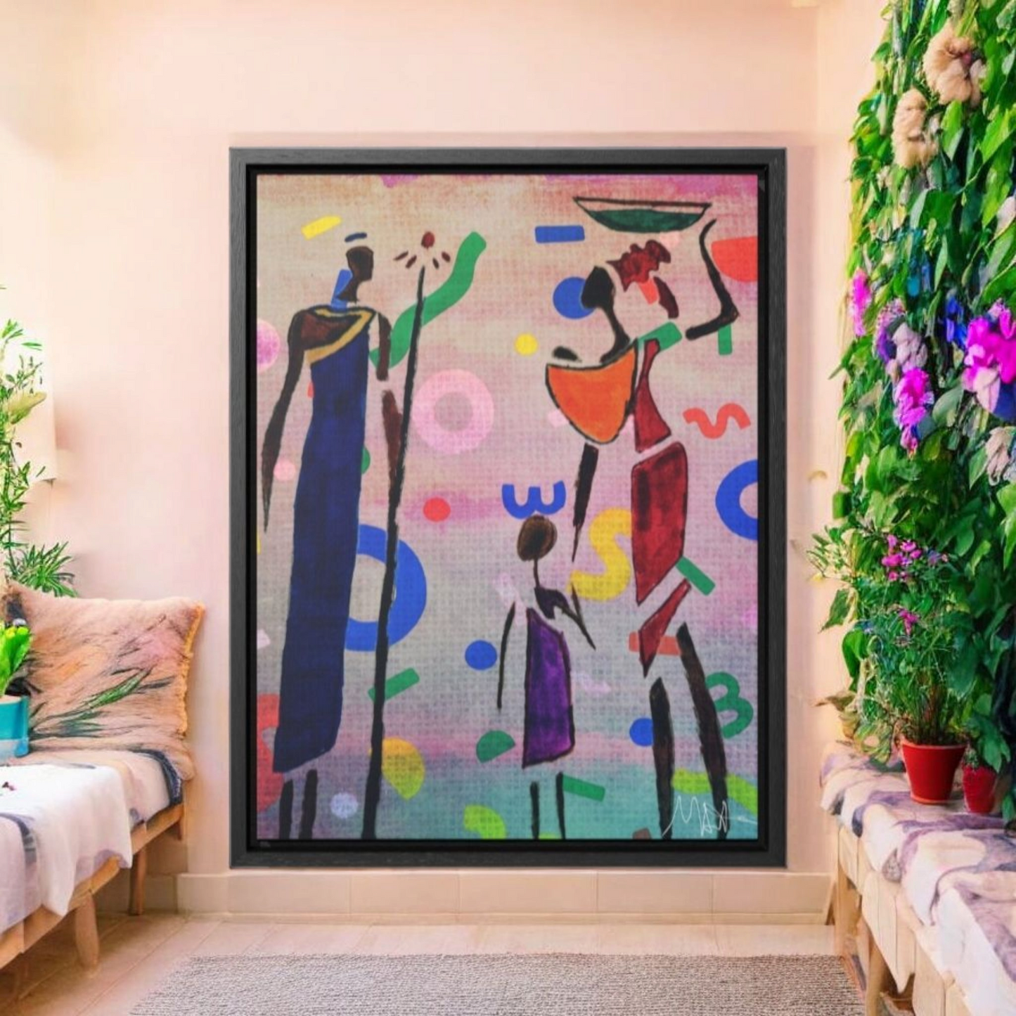 Tribal African Family Sketch - Handcrafted Wall Art, Authentic Home Decoration, Vertical Frame
