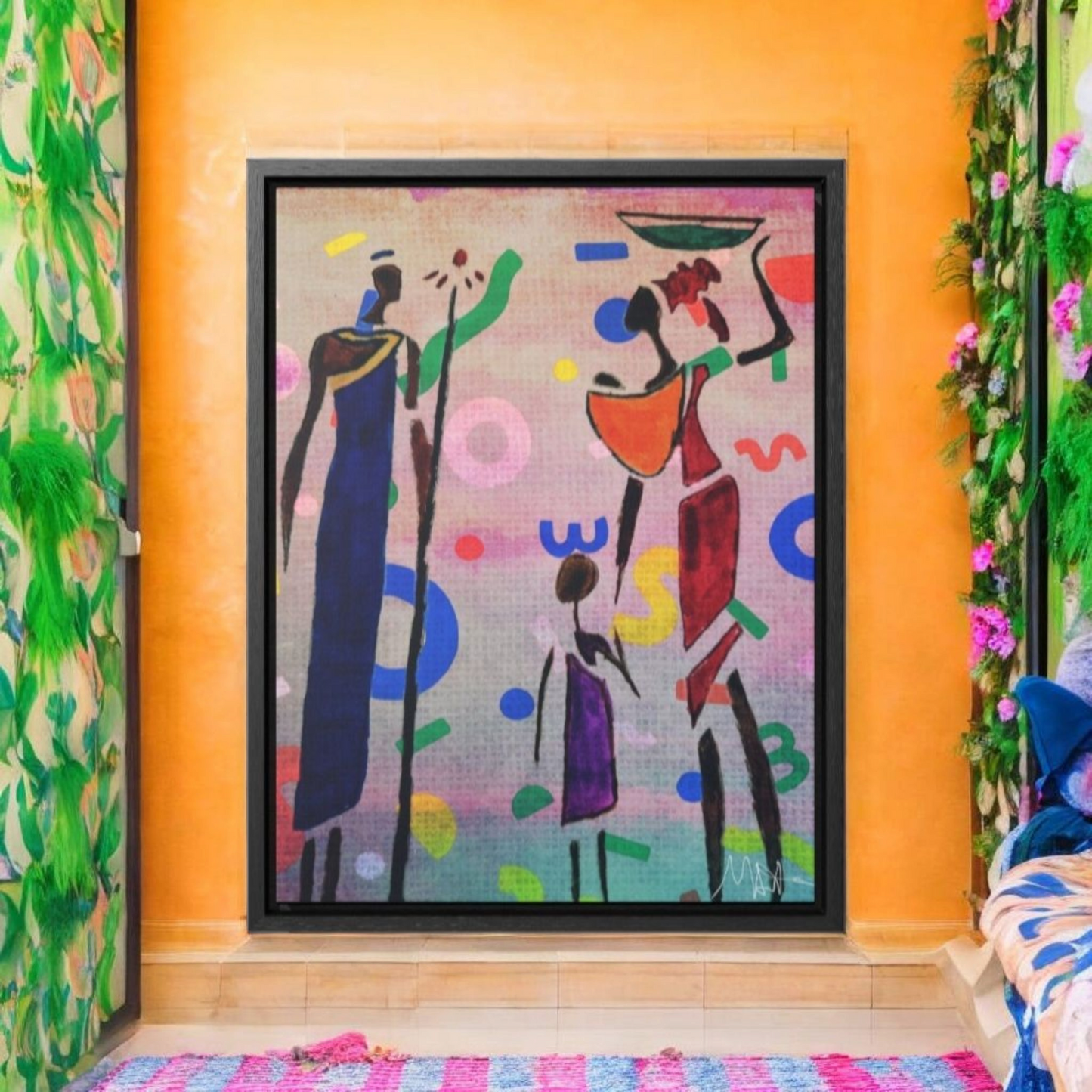 Tribal African Family Sketch - Handcrafted Wall Art, Authentic Home Decoration, Vertical Frame