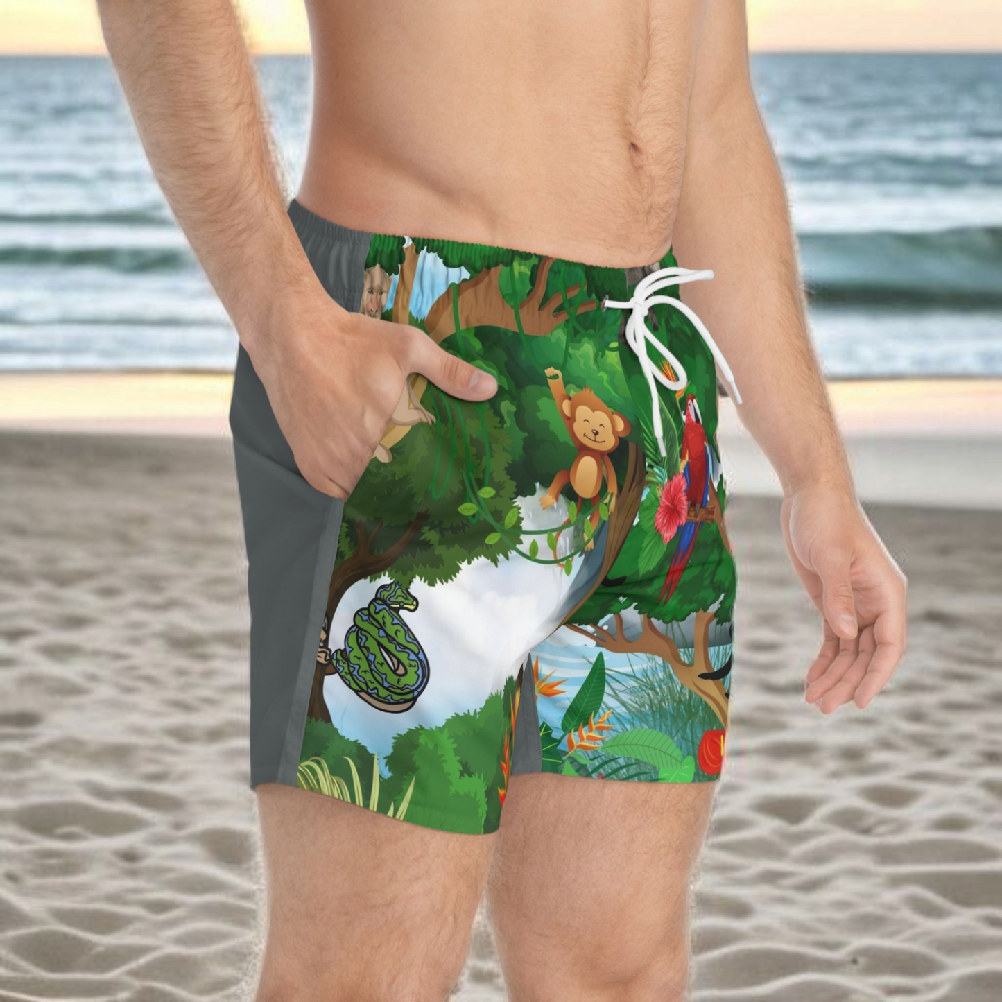 Tropical Jungle Swim Trunks for Men - Fun Animal Print Beachwear