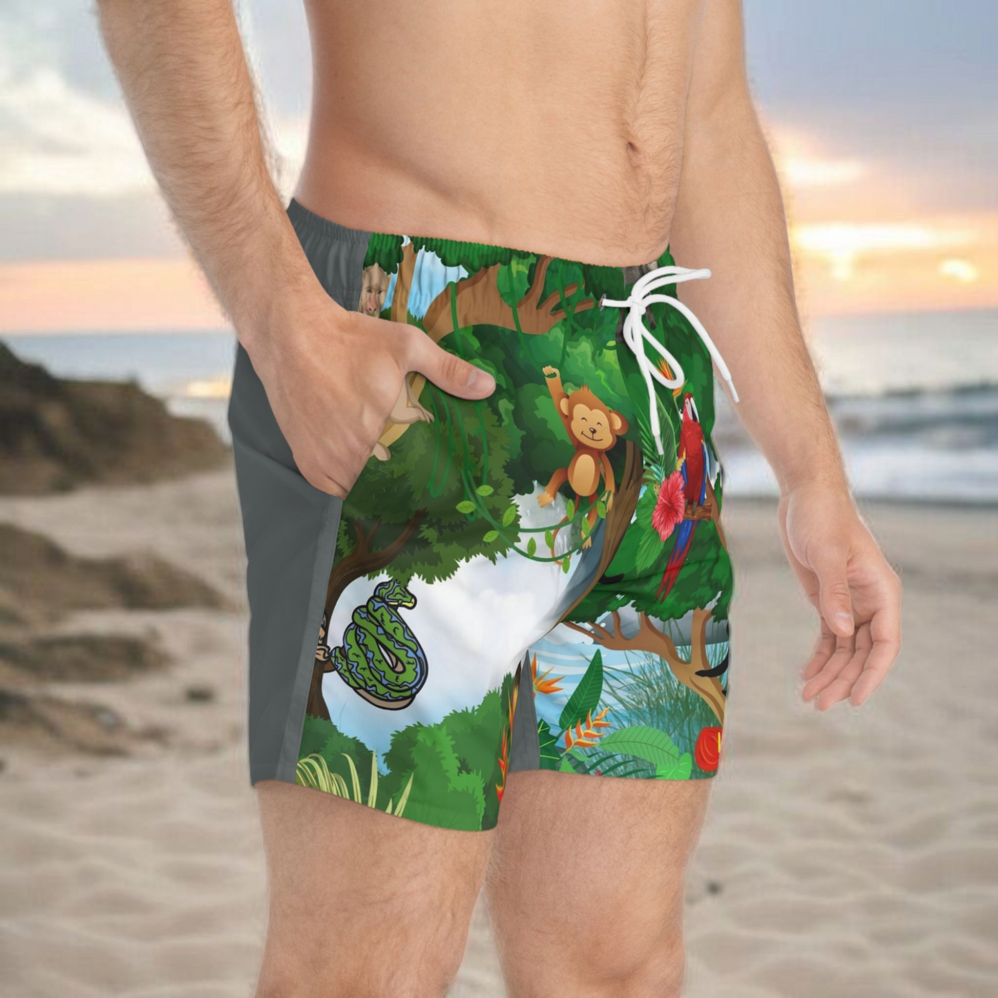Tropical Jungle Swim Trunks for Men - Fun Animal Print Beachwear