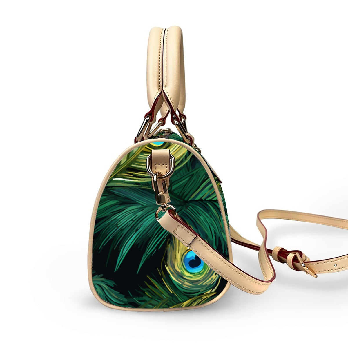 Classic Barrel-Shaped PU Leather Handbag Featuring a Peacock Feather-Inspired Design