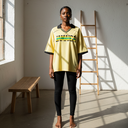 Unisex Boxy Soccer Jersey with Piping in Jamaica Flag Colors