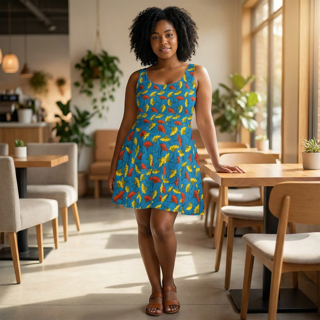 Tropical Leaf Skater Dress — Bright Blue All-Over Print Women's Dress