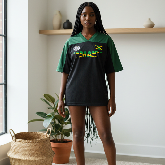 Jamaican Flag Themed Graphic Mesh V-Neck Soccer Jersey