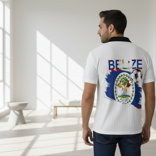 Belize Flag Themed Contrast Collar Striped Soccer Jersey