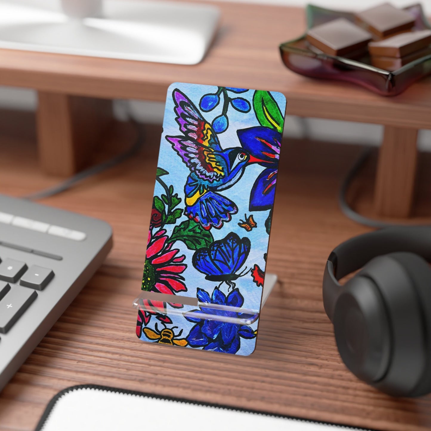 Mobile Display Stand with Handcrafted Spring Floral Artwork, Artisan Phone Holder