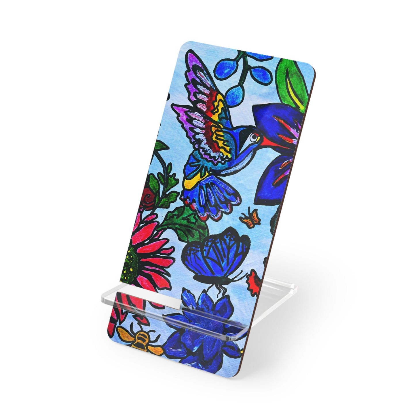 Mobile Display Stand with Handcrafted Spring Floral Artwork, Artisan Phone Holder
