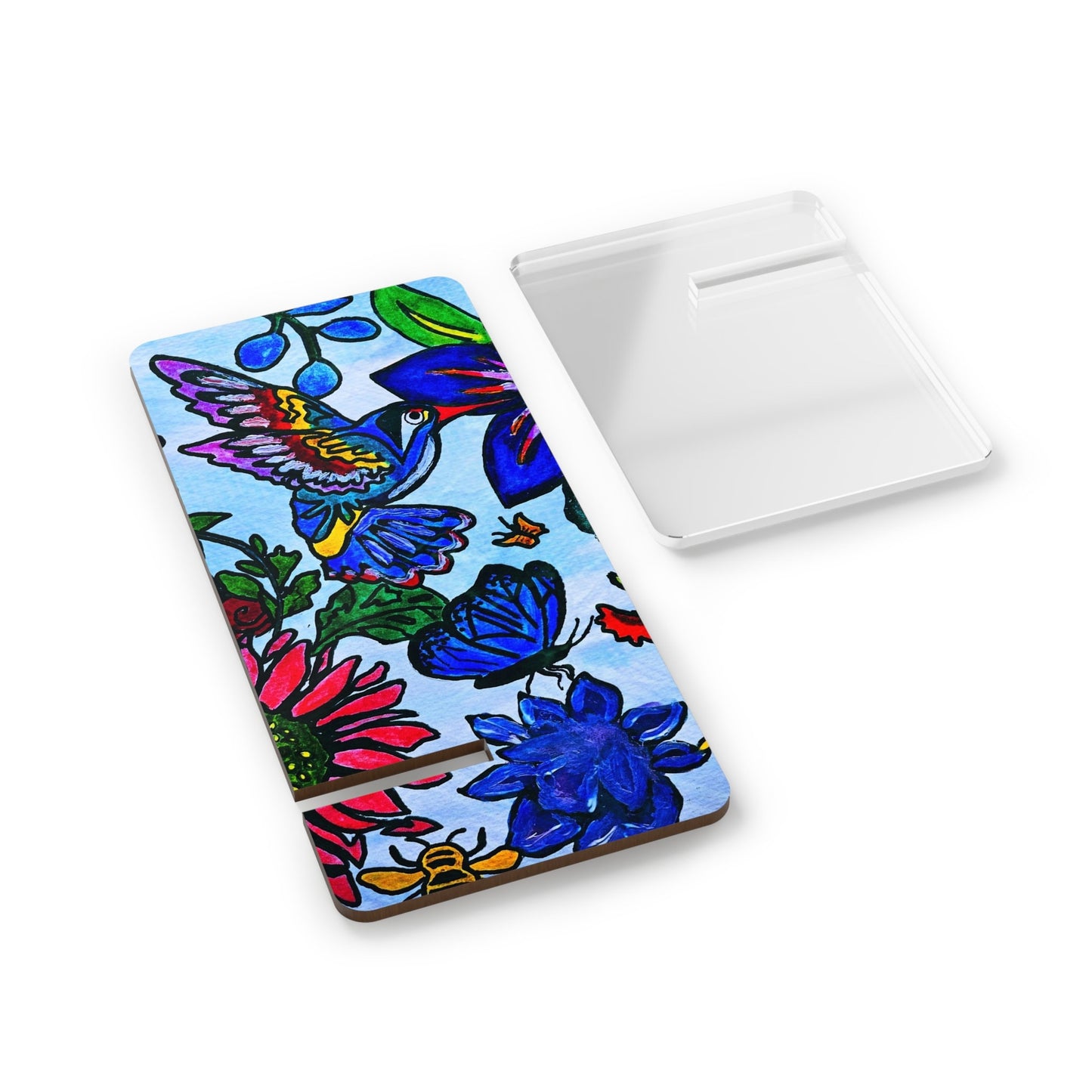 Mobile Display Stand with Handcrafted Spring Floral Artwork, Artisan Phone Holder