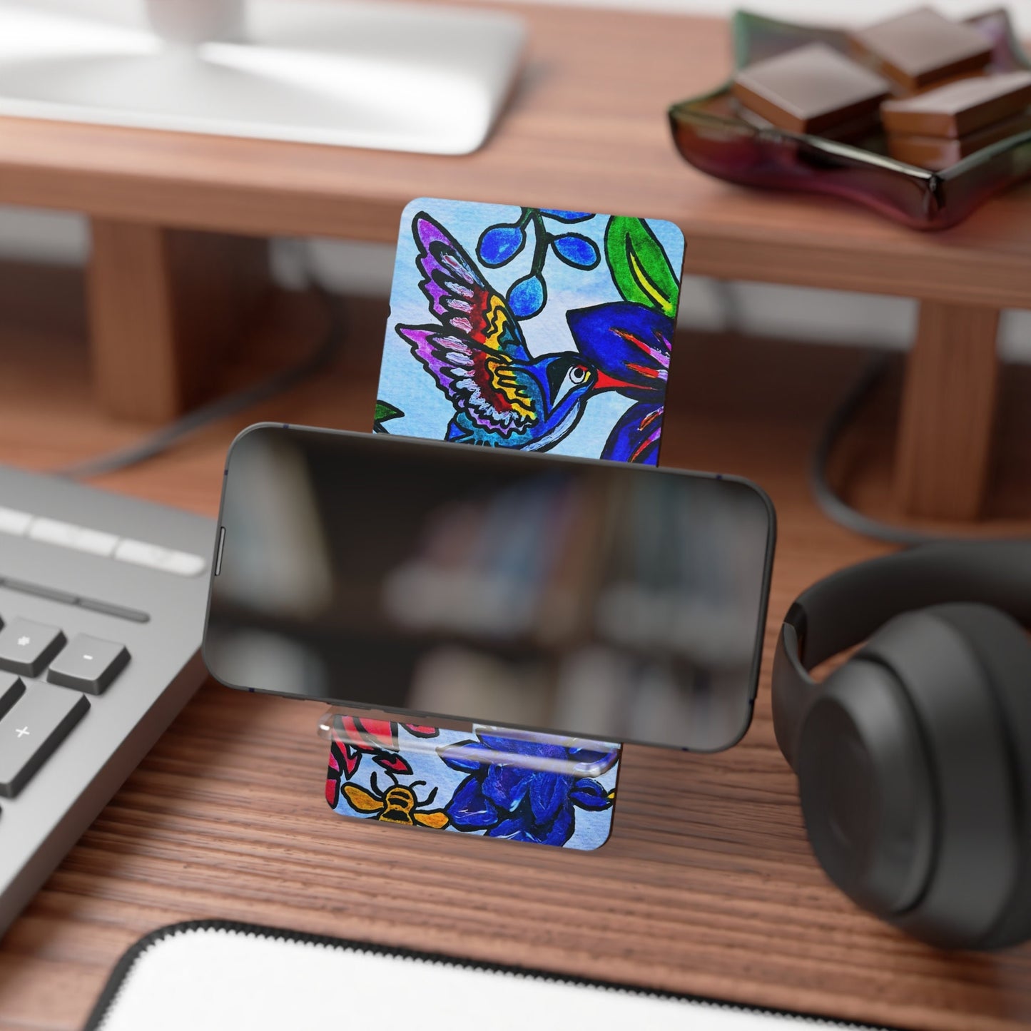 Mobile Display Stand with Handcrafted Spring Floral Artwork, Artisan Phone Holder