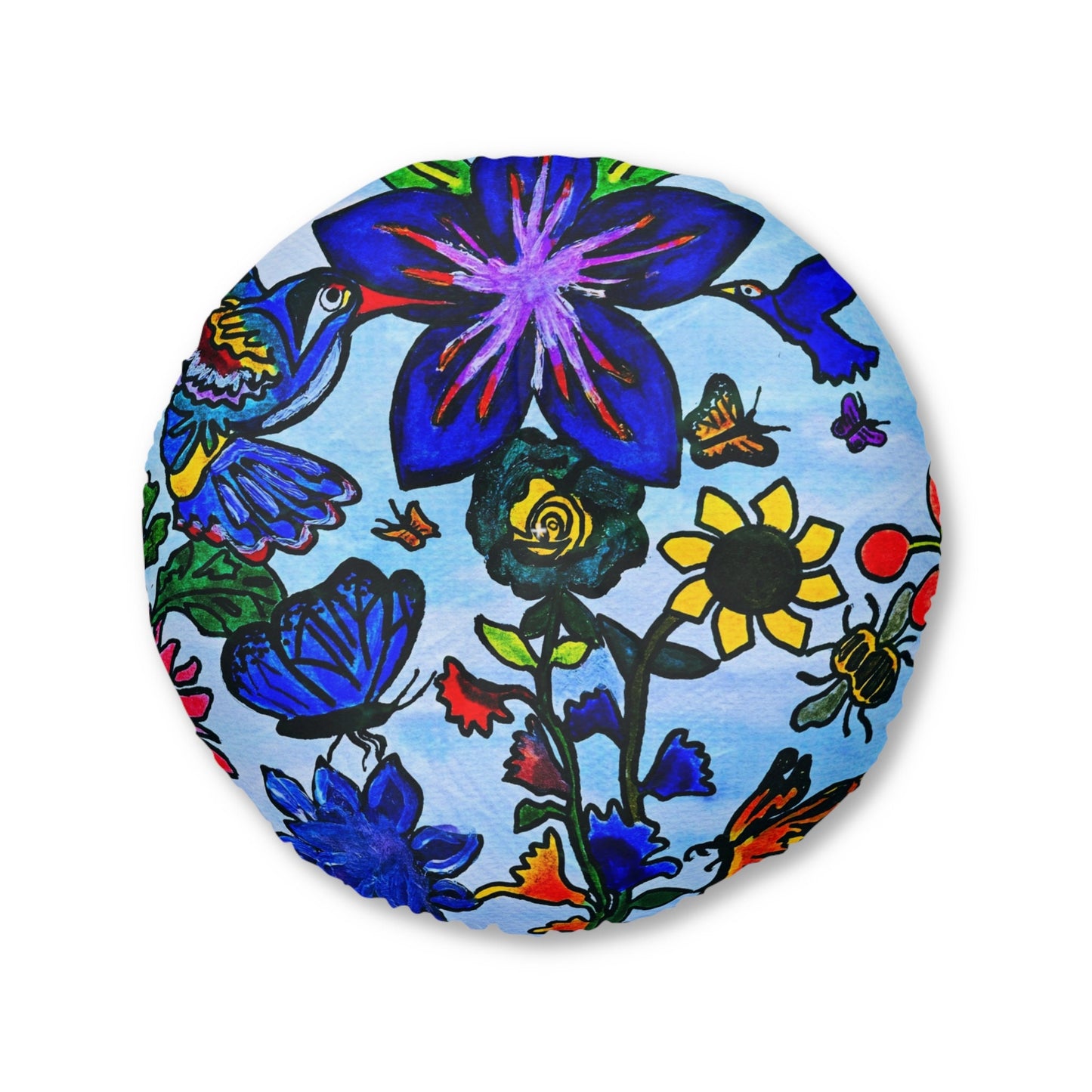Tufted Floor Pillow - Artisanal Spring Floral Design, Round & Plush for Home Decor