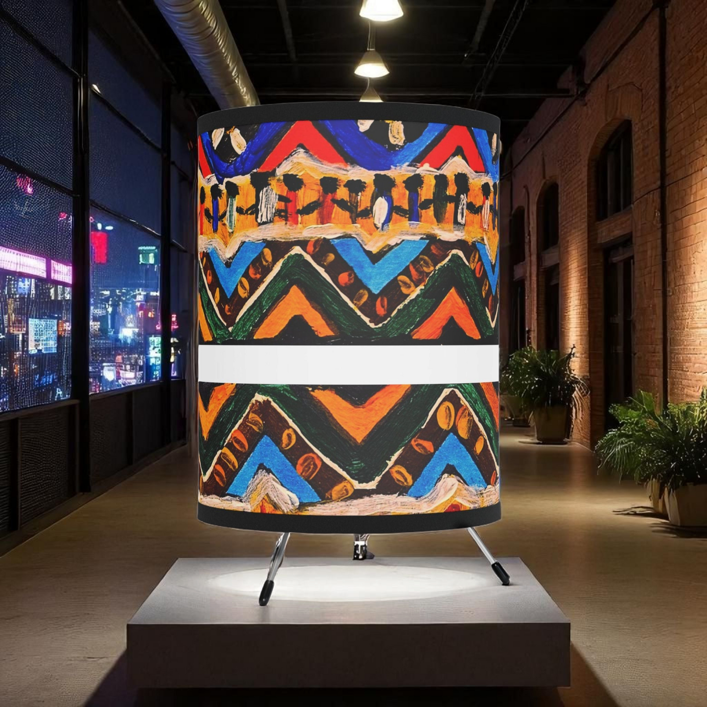 Boho Aztec Design Tripod Lamp, Handcrafted with High-Res Printed Shade