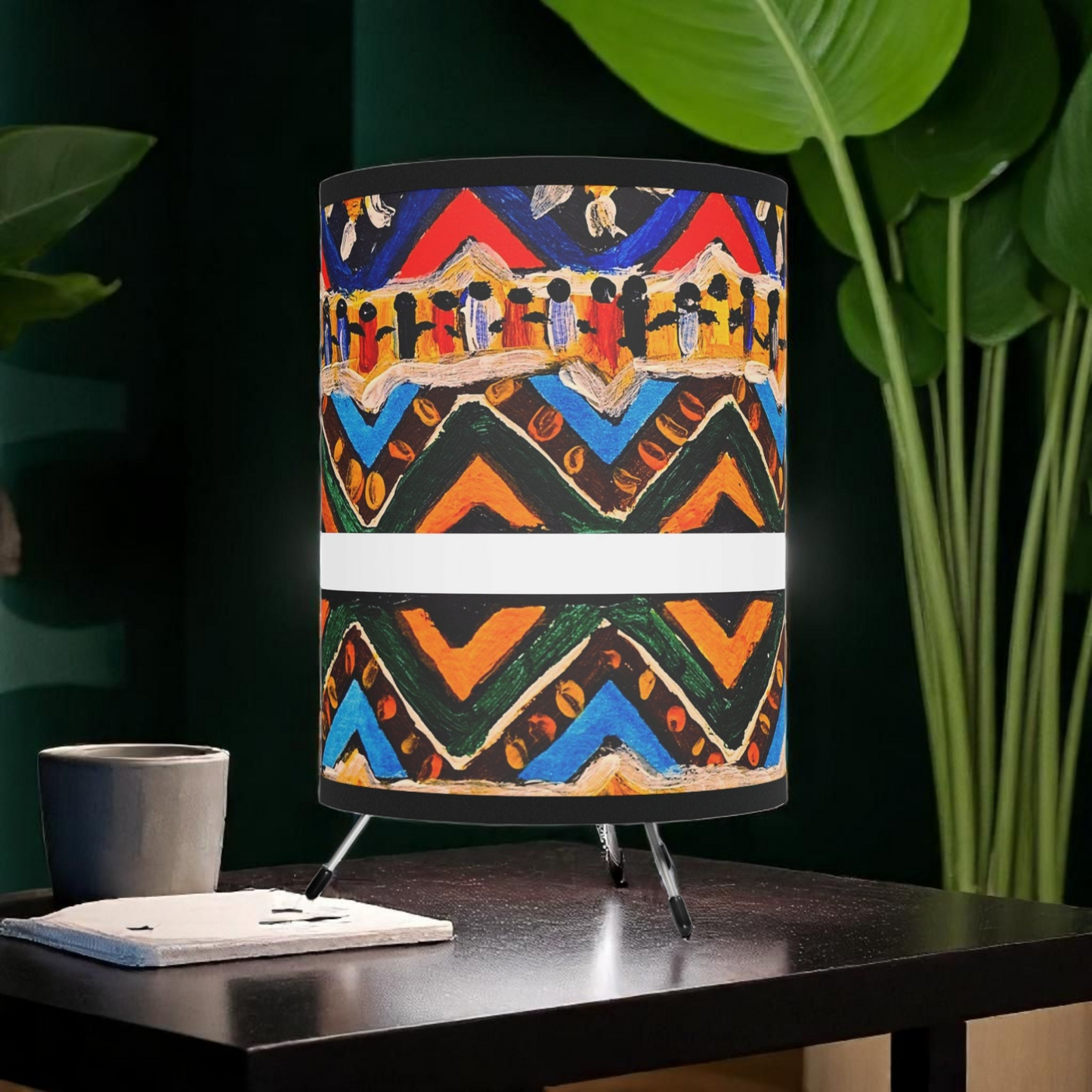 Boho Aztec Design Tripod Lamp, Handcrafted with High-Res Printed Shade