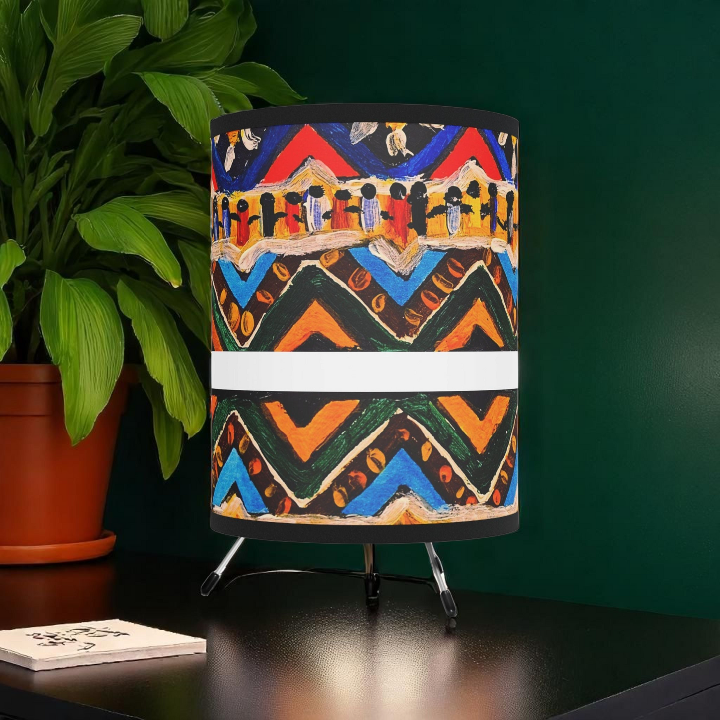 Boho Aztec Design Tripod Lamp, Handcrafted with High-Res Printed Shade