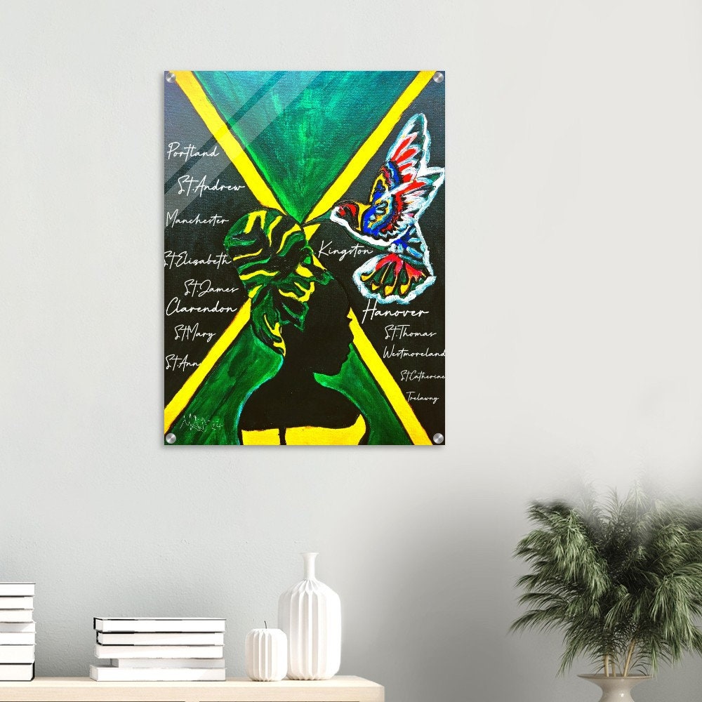 Hand Drawn Wall Art with Jamaican Woman, Original Acrylic Painting for Bohemian