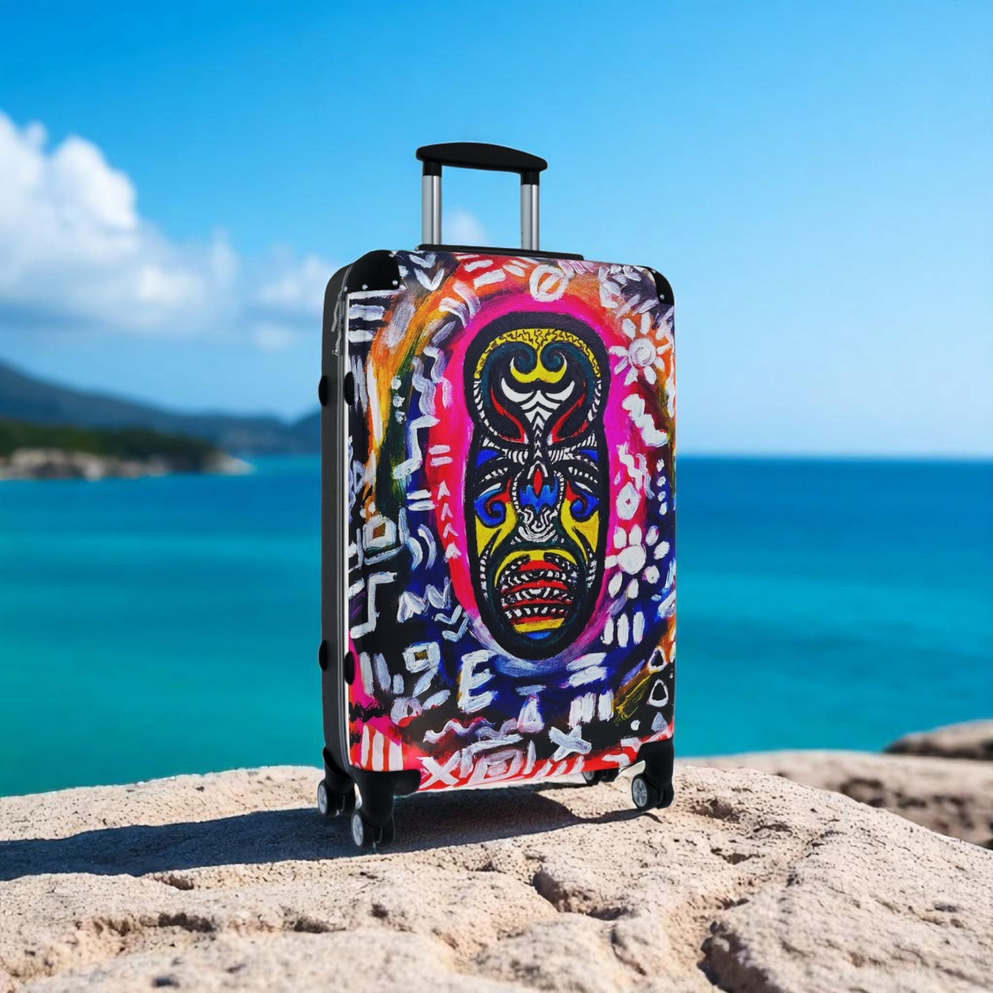Multi-Size Tribal Mask Suitcase - Eye-Catching Design, Adjustable Handle, Smooth 360 Wheels