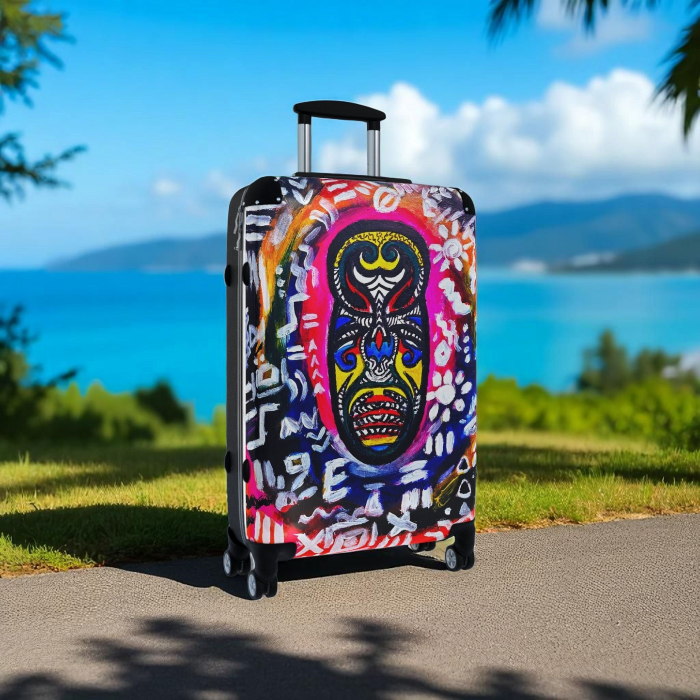 Multi-Size Tribal Mask Suitcase - Eye-Catching Design, Adjustable Handle, Smooth 360 Wheels