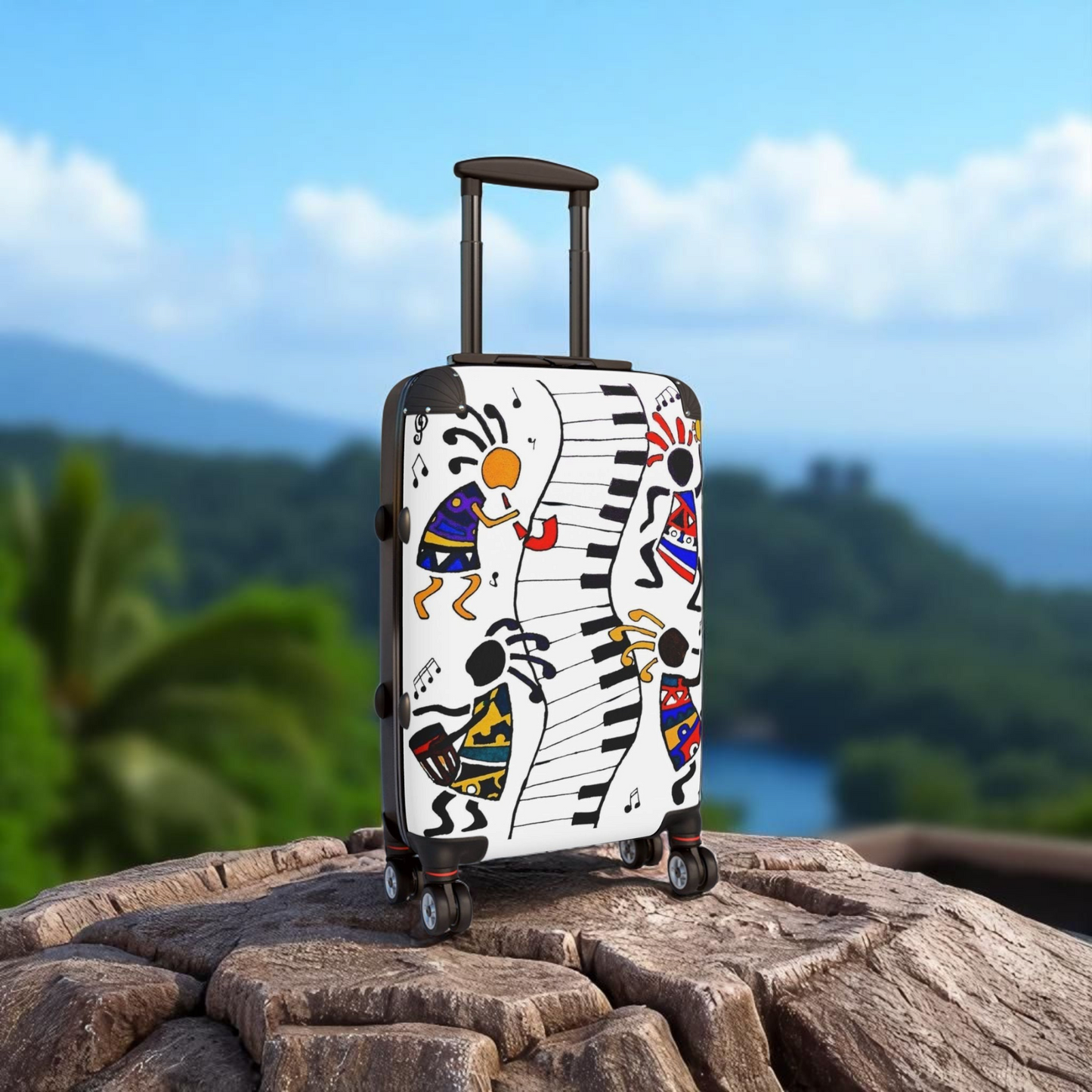 Eclectic Music Art Suitcase - Handcrafted, 360 Degree, Swivel Wheels
