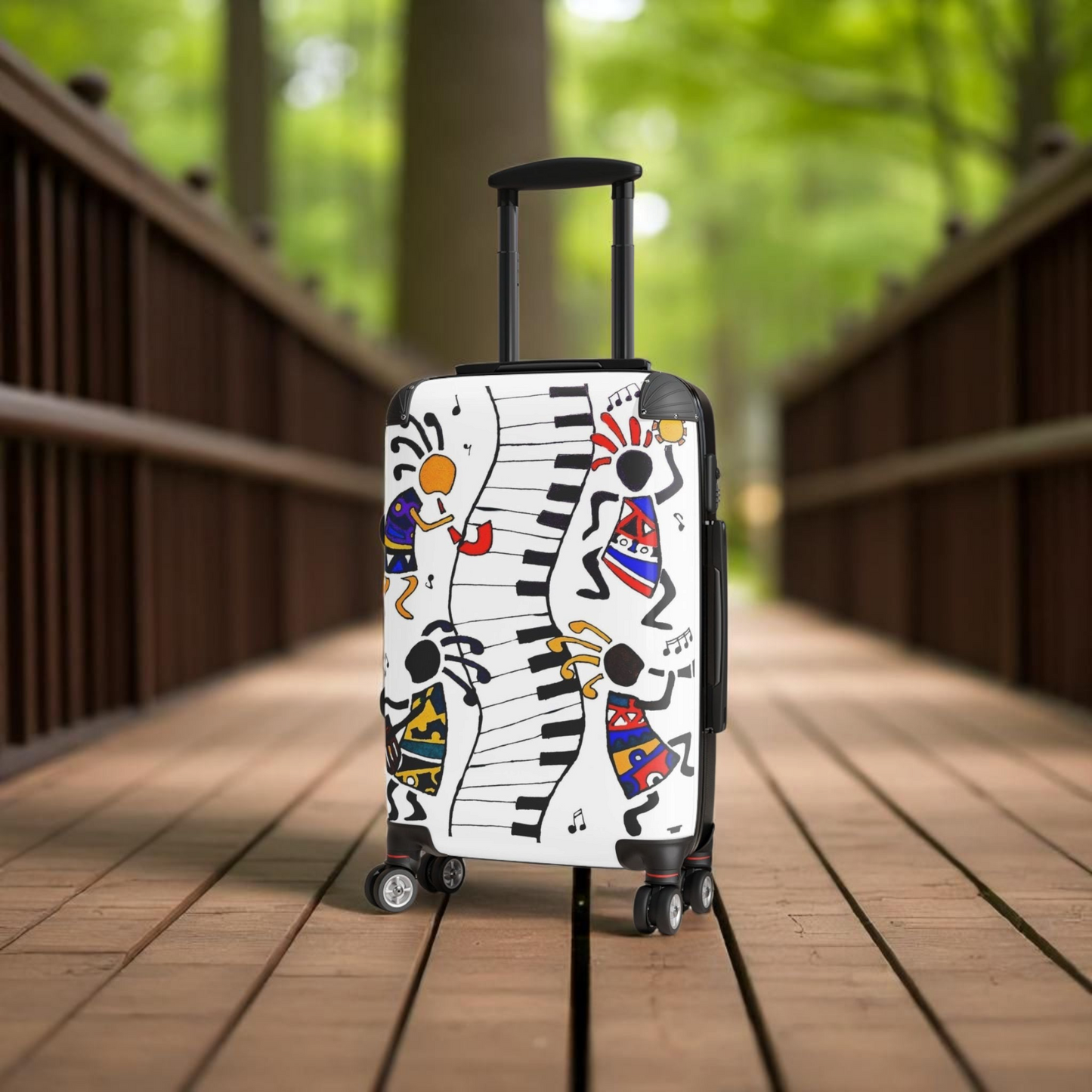 Eclectic Music Art Suitcase - Handcrafted, 360 Degree, Swivel Wheels