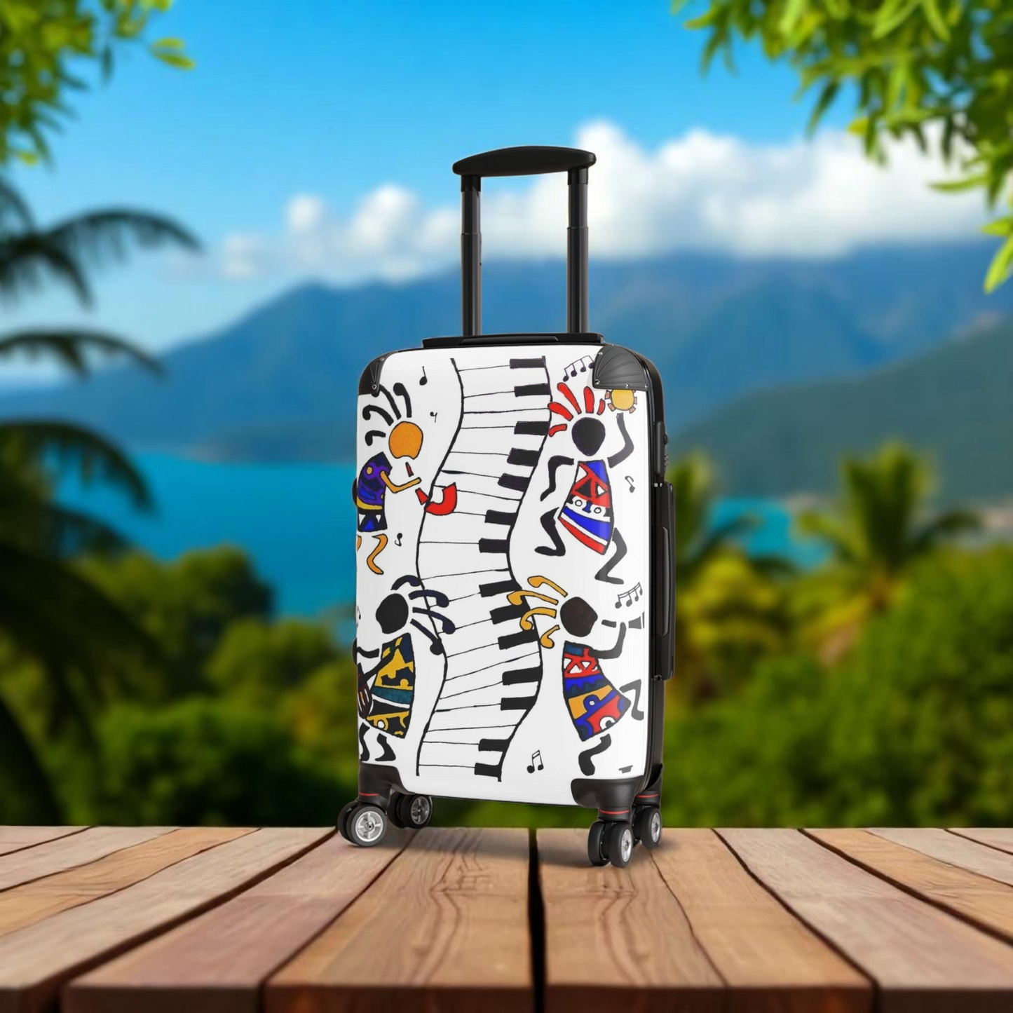 Eclectic Music Art Suitcase - Handcrafted, 360 Degree, Swivel Wheels