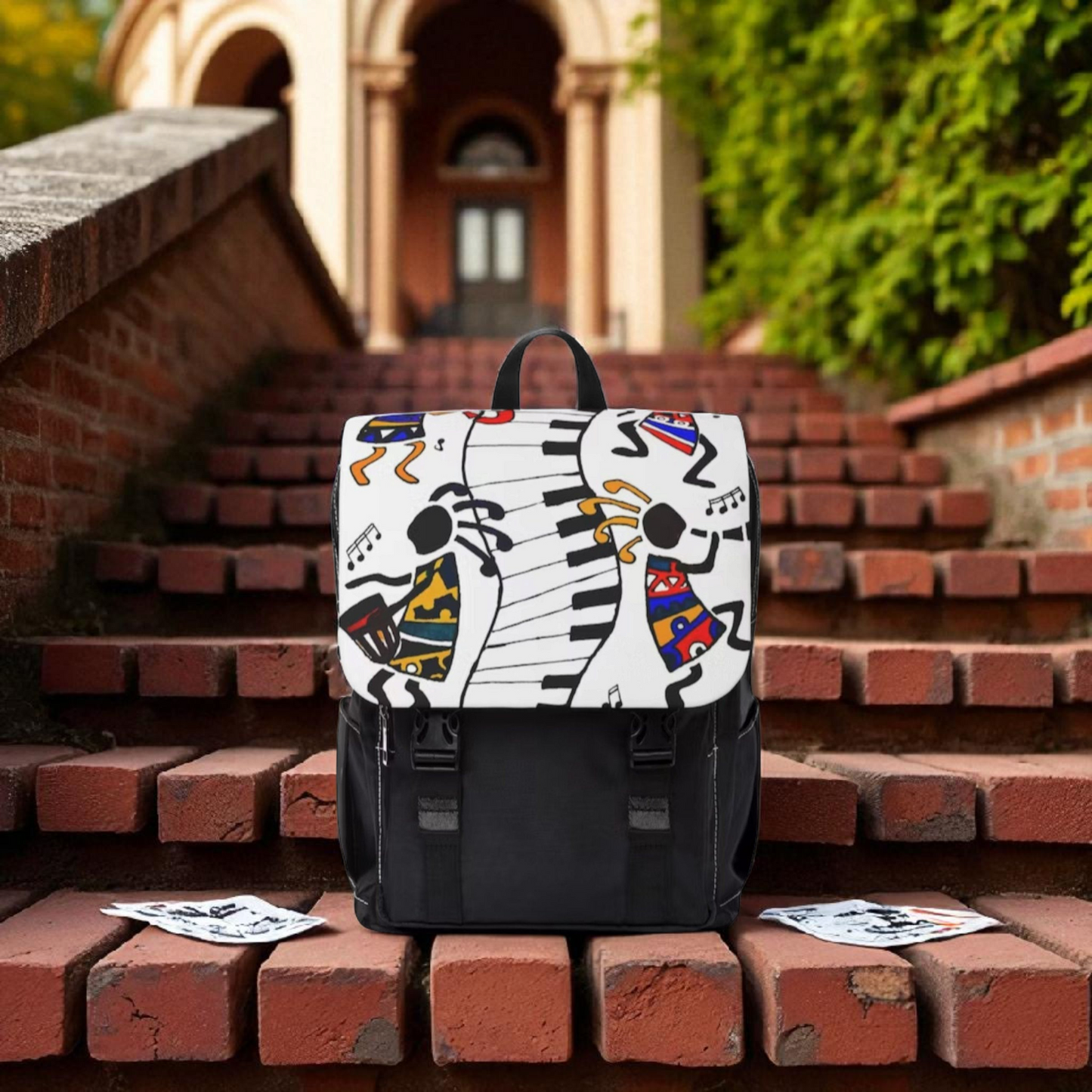 Artistic Music Design Backpack - Handcrafted, Spacious Oxford Canvas Bag