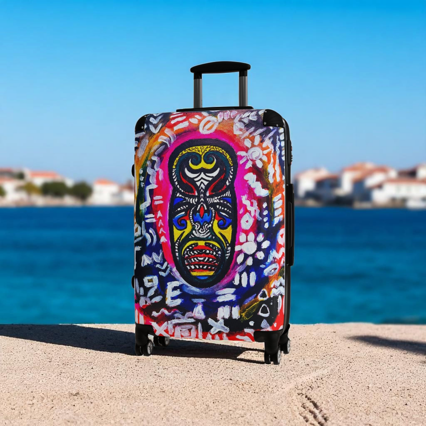 Multi-Size Tribal Mask Suitcase - Eye-Catching Design, Adjustable Handle, Smooth 360 Wheels