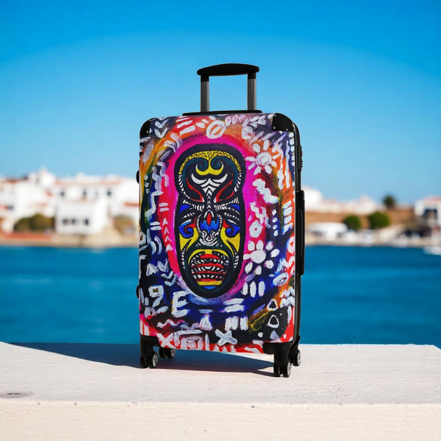 Multi-Size Tribal Mask Suitcase - Eye-Catching Design, Adjustable Handle, Smooth 360 Wheels