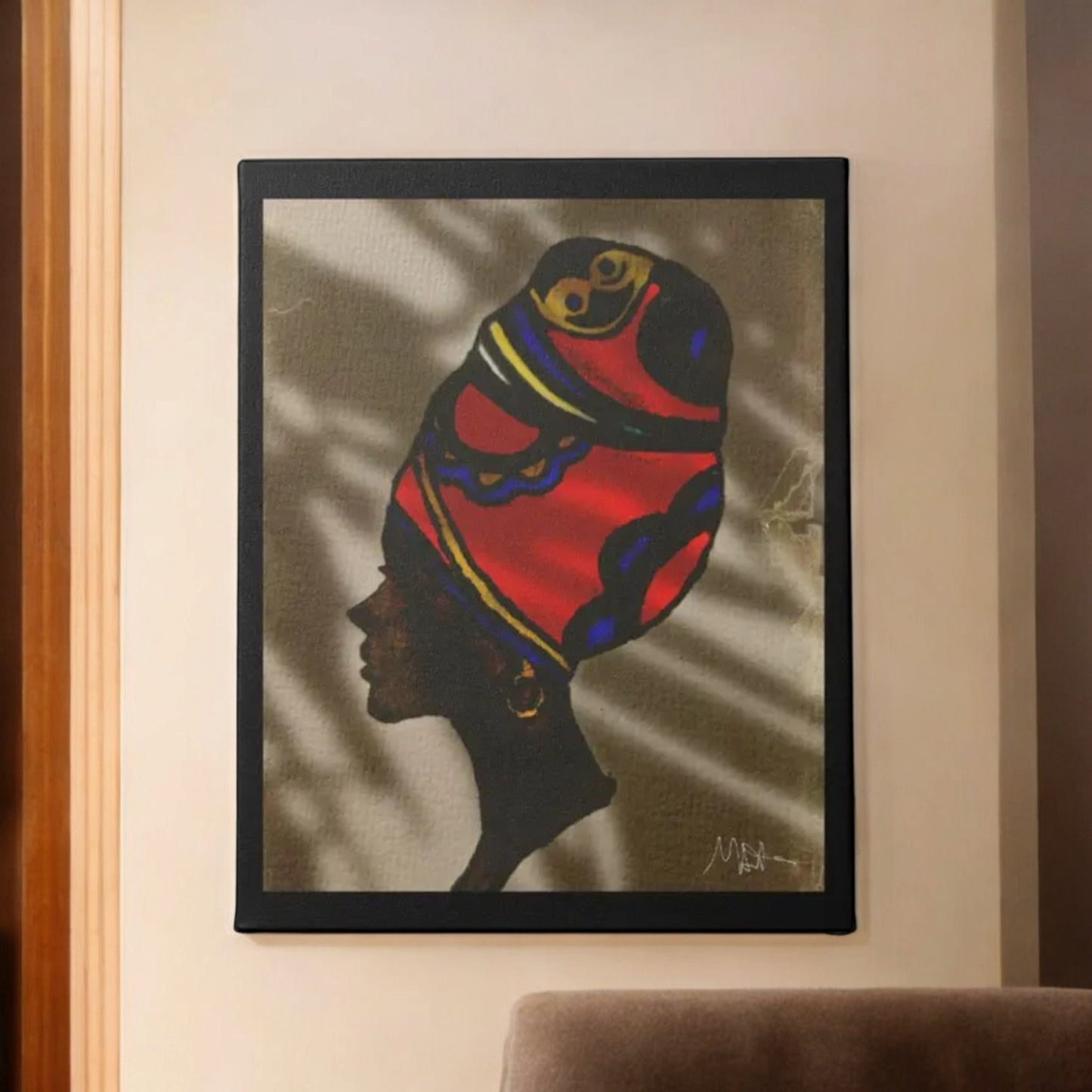 Original Artisan Black Woman Portrait, Elegant Afrocentric Painting, Office Decor