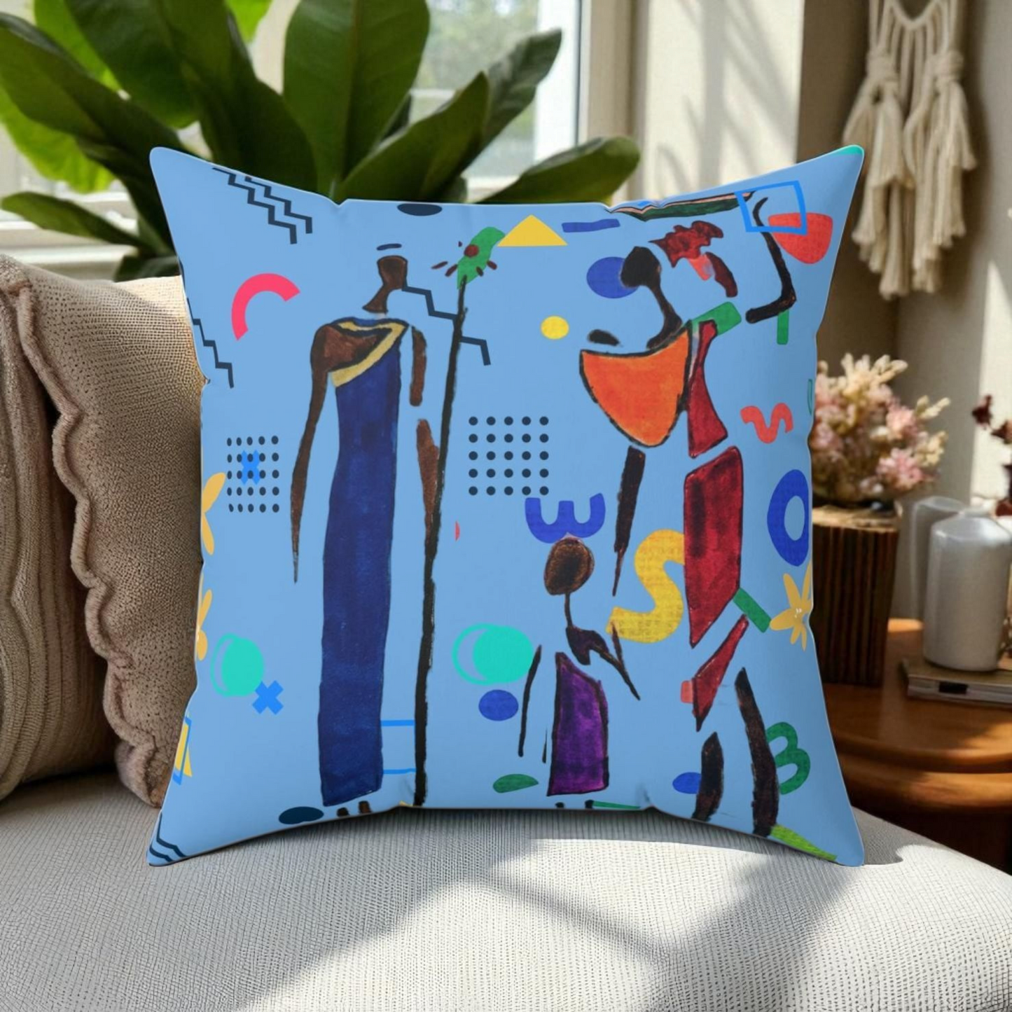 Ethnic Family Doodle Spun Polyester Square Pillow - Handcrafted Accent Throw Cushion