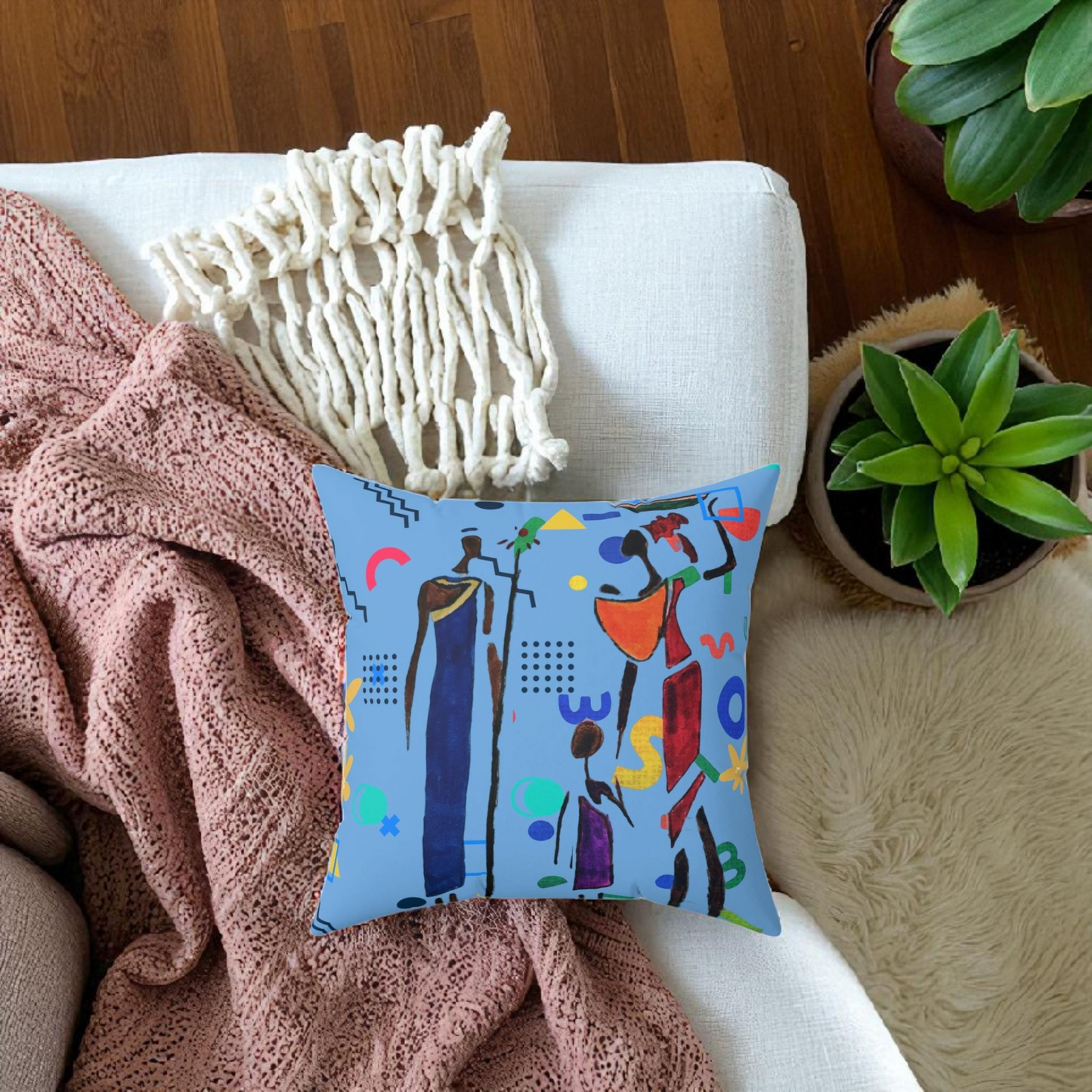 Ethnic Family Doodle Spun Polyester Square Pillow - Handcrafted Accent Throw Cushion