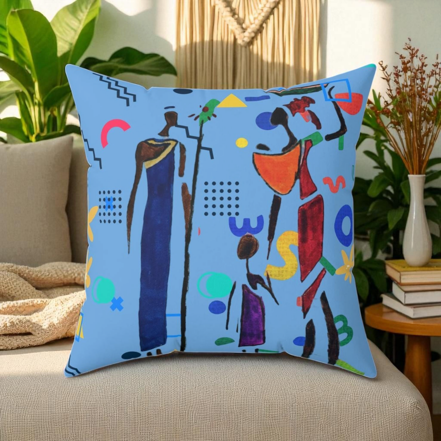 Ethnic Family Doodle Spun Polyester Square Pillow - Handcrafted Accent Throw Cushion